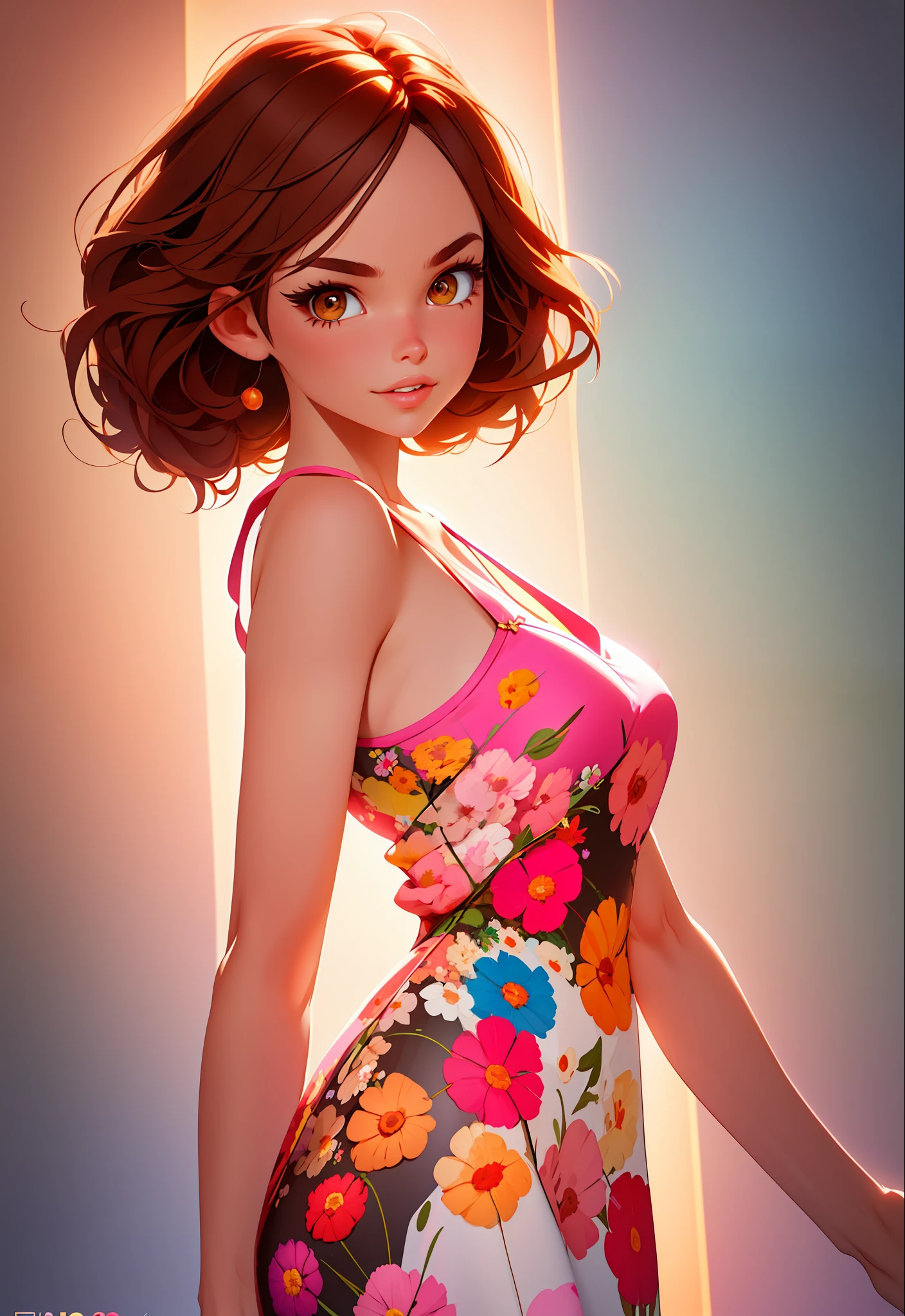 a pixar woman, captivating eyes, light brown hair, floral spaghetti strap dress, pink full mouth, best quality, njj5, (best quality:1.1), (masterpiece:1.4), (nonsense:1), ultra detailed, official art, masterpiece, (best quality:1.3), reflections, extremely detailed cg unity 8k wallpaper, detailed background