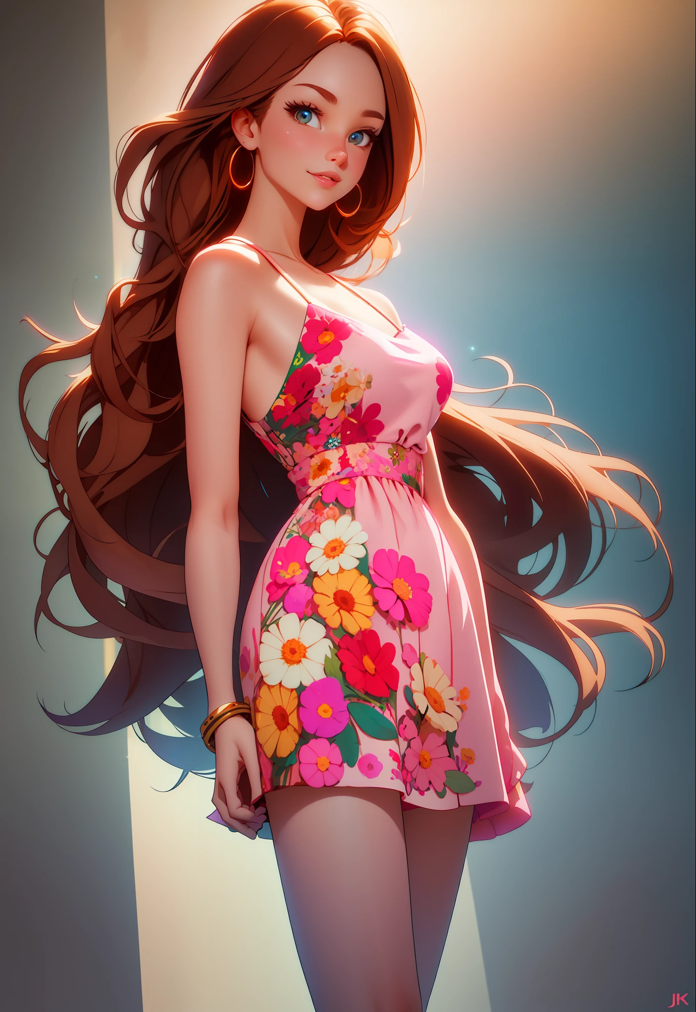 a pixar woman, captivating eyes, light brown hair, floral spaghetti strap dress, pink full mouth, best quality, njj5, (best quality:1.1), (masterpiece:1.4), (nonsense:1), ultra detailed, official art, masterpiece, (best quality:1.3), reflections, extremely detailed cg unity 8k wallpaper, detailed background