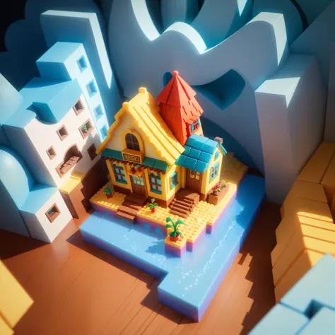 (Isometric perspective: 1.5), (Pixar style: 1.2) Cute architecture 3D artwork, Candy Cottage, LEGO style, ((low poly), blender, OC renderer, dribble high detail 8k, studio lighting --v 6