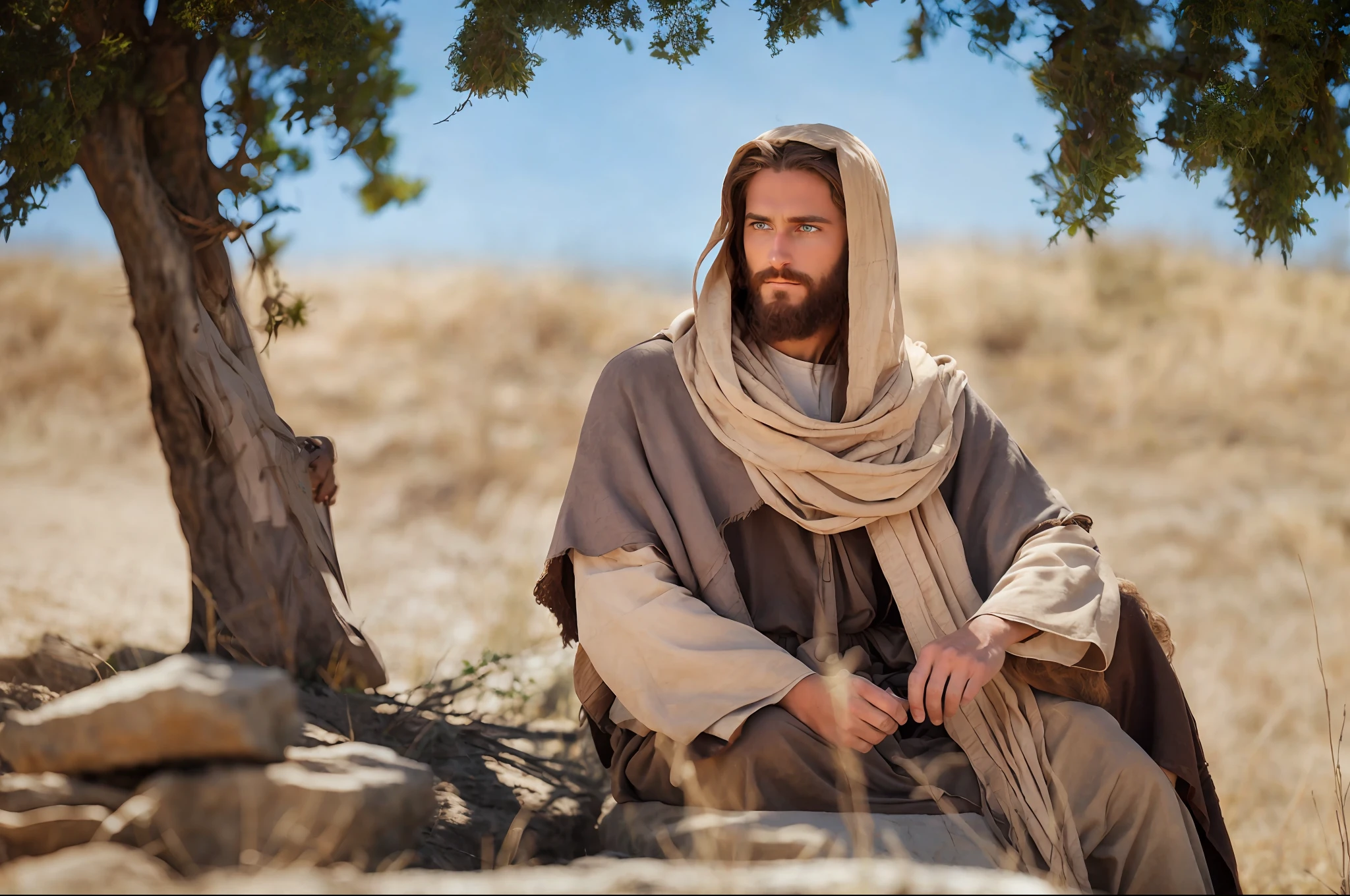 seated (Jesus), centered (Jesus), on a rock, under a tree, a man of tan color, with long hair and beard, green eyes, wearing a long beige tunic, 4k, hdr, detailed, pasty field background, pasty farm field as background, lean body without hair