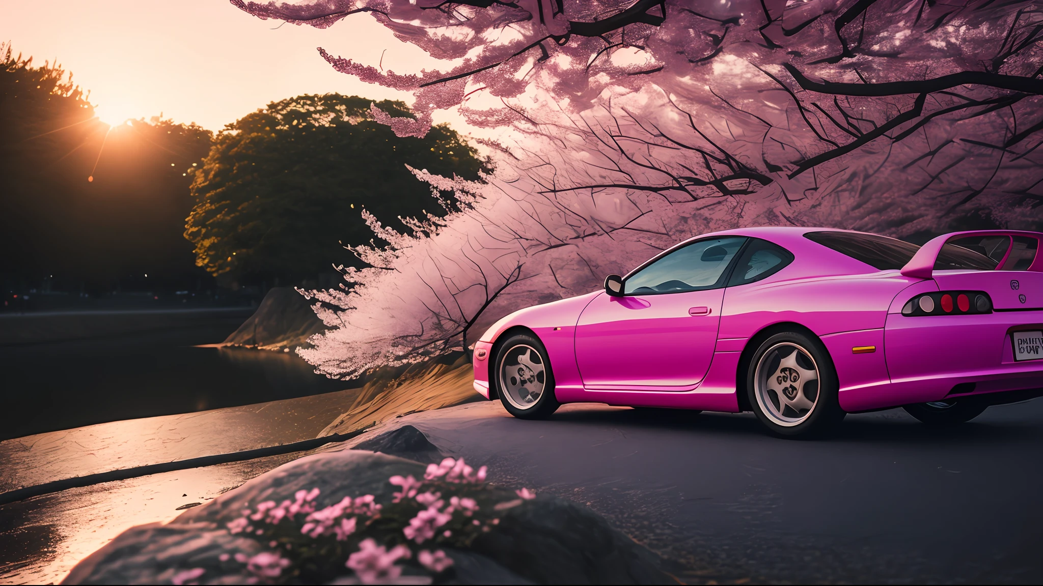 side photo of pink mk4Supra under cherry blossom trees in kyoto at sunset with cobblestone street covered in cherry blossom petals, high quality photo, lens flare, bokeh, 8k resolution, gobo lights, warm ambient light, volumetric light, neon lights, depth of field, analog, foggy atmosphere,  lens flares, light bloom, portra 800 film,