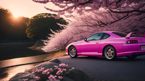 side photo of pink mk4supra under cherry blossom trees in kyoto at sunset with cobblestone street covered in cherry blossom peta...