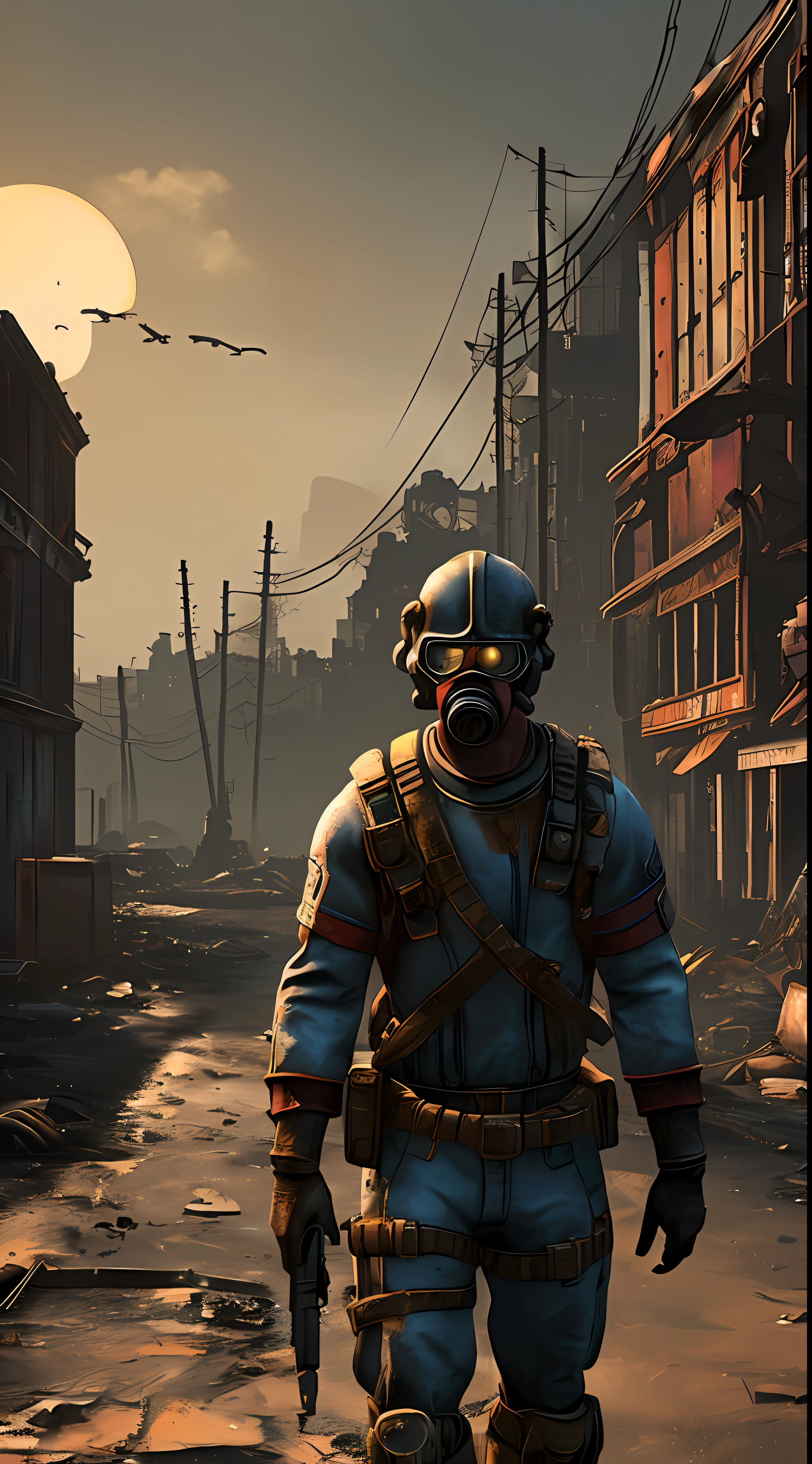 "fallout 4" + "(a man and a dog walking towards the sun in a post-apocalyptic city)" + "dark, gritty, desolate, abandoned, ruined buildings, distressed colors, dynamic angle, dusty, fire and smoke, gloomy atmosphere" --auto --s2