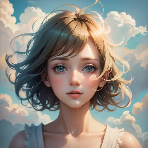 masterpiece, best quality, movie still, 1girl, floating in the sky, cloud girl, cloud, (close-up:1.1), bright, happy, fun, soft lighting, (Bauhaus, shapes, lines, abstract:1.1) --auto --s2