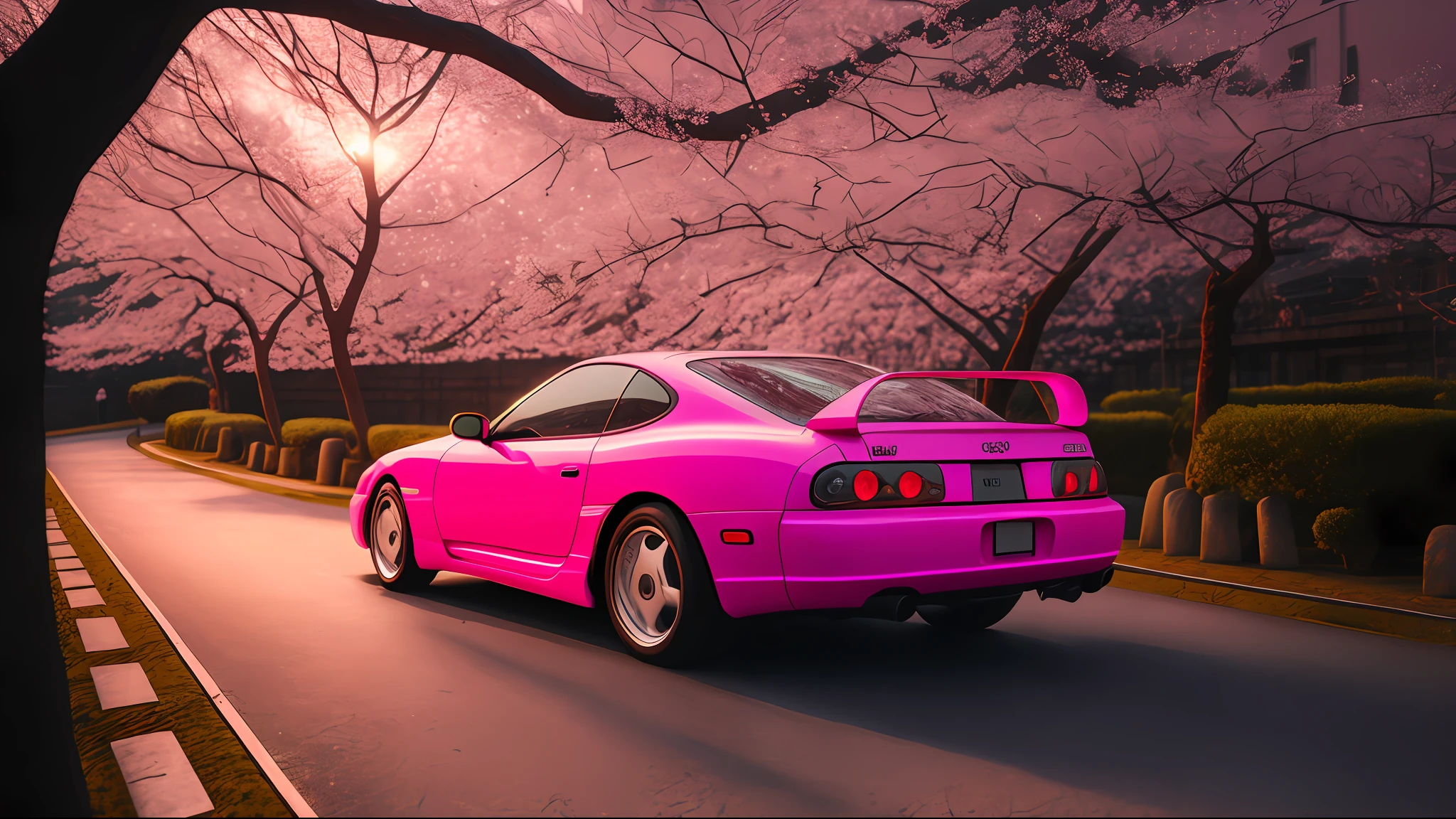 side photo of pink mk4Supra under cherry blossom trees in kyoto at sunset with cobblestone street covered in cherry blossom petals, high quality photo, lens flare, bokeh, 8k resolution, gobo lights, warm ambient light, volumetric light, neon lights, depth of field, analog, foggy atmosphere,  lens flares, light bloom, portra 800 film,