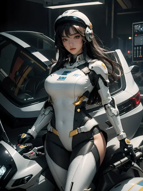 Highest image quality, outstanding details, super high resolution, (fidelity: 1.4), the best illustration, favor details, highly cohesive, 1girl, with a delicate and beautiful face, plump chest, sexy body, dressed in a gorgeous mecha, wearing a mecha helme...