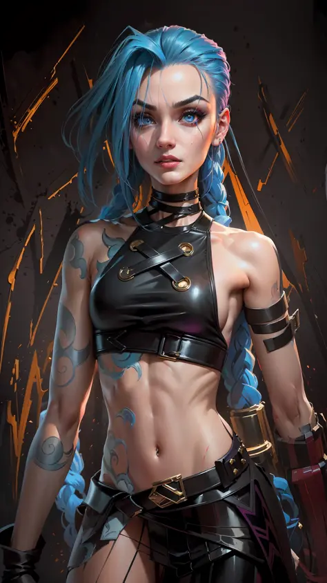 ((Best quality)), ((masterpiece)), (highly detailed:1.3), arcane style, Comic style + Hyper-realistic oil painting, Full length cinematic poster Jinx from Acane in dynamic pose. Cinematic, highly detailed, detailed face, realistic, black background in Comi...