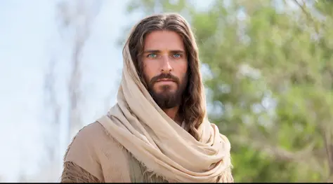 centered (Jesus), a tanned colored man, with long hair and beard, green eyes, wearing a long beige tunic, 4k, hdr, detailed, pas...