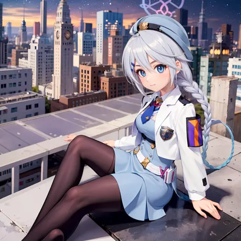 (1girls:1.3), solo, sitting on the rooftop of a city building, wide angle, harem anime official art, perspective, from side, elb...