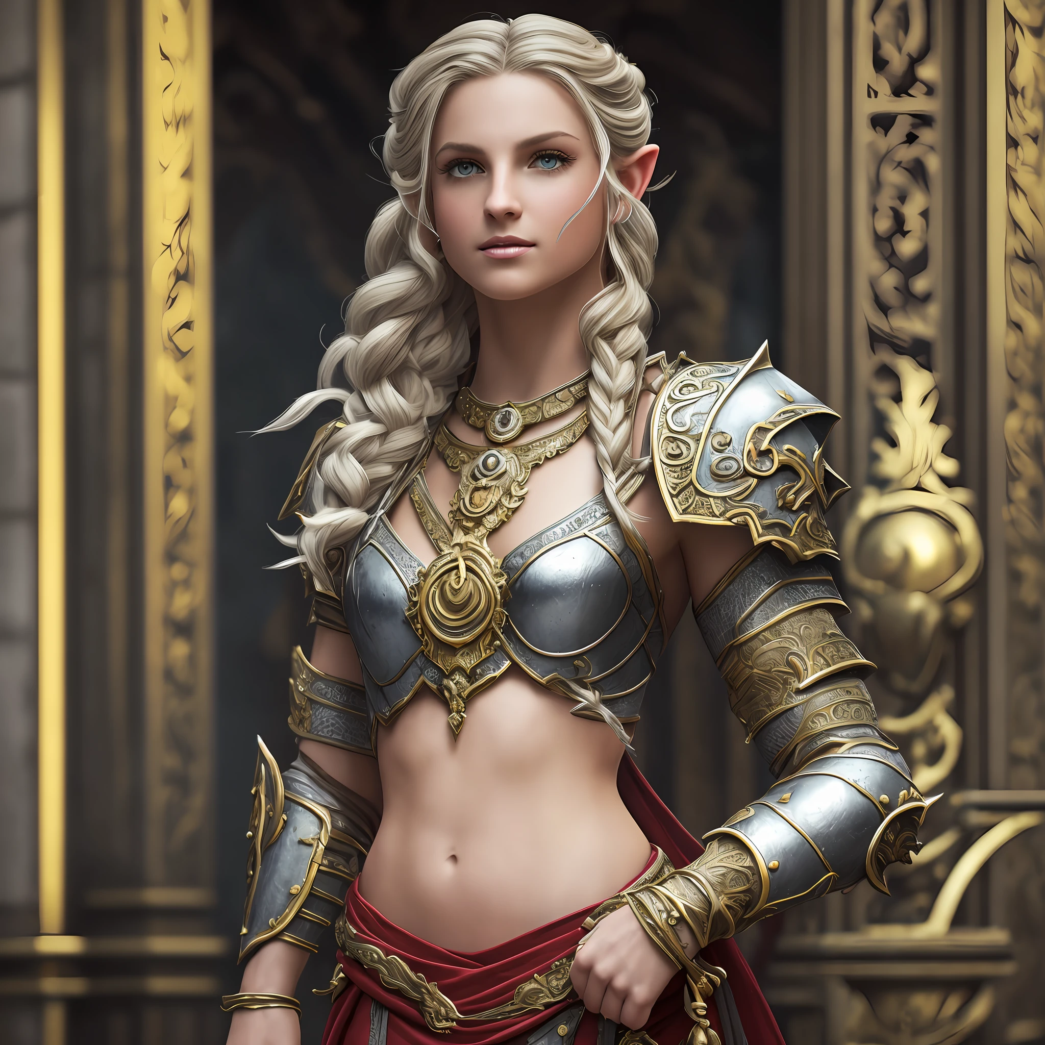 (8K, melhor qualidade: 1.2), (Obra de arte: 1.37), (foto, fotorealista: 1.37), (resolução ultra-alta), corpo todo, pose de caminhada, filmagem frontal, câmera lenta, female paladin wearing corpo todo, (Armadura prateada leve: 1.2),(Armadura ricamente decorada), (incrivelmente detalhado, florescer: 1.5), (alta qualidade, Alessandro Casagrande, Greg Rutkowski, Sally Mann, arte conceitual, 4K), 1.2), (high afiadoness), (estudantes detalhados: 1.1), rosto e olhos detalhados,  Obra de arte, melhor qualidade, (highly detailed foto: 1.1), (Cabelo loiro comprido, rabo de cavalo, extasiado: 1.1), (Jovem: 1.1), afiado, (Corpo perfeito:1.1), realista, sombra real, 3d, (Fundo do templo:1.2), (por Michelangelo), fotographed by Canan EOS R6, 135mm, 1/1250s, f/2.8, ISO 400, (com uma linda espada de prata na mão) duende. --auto --s2