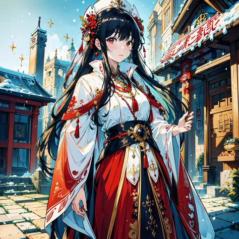 ((masterpiece)),(((best quality)))),woman, stylish, priestess, red and white clothes, black hair, long hair, snowing, shrine,