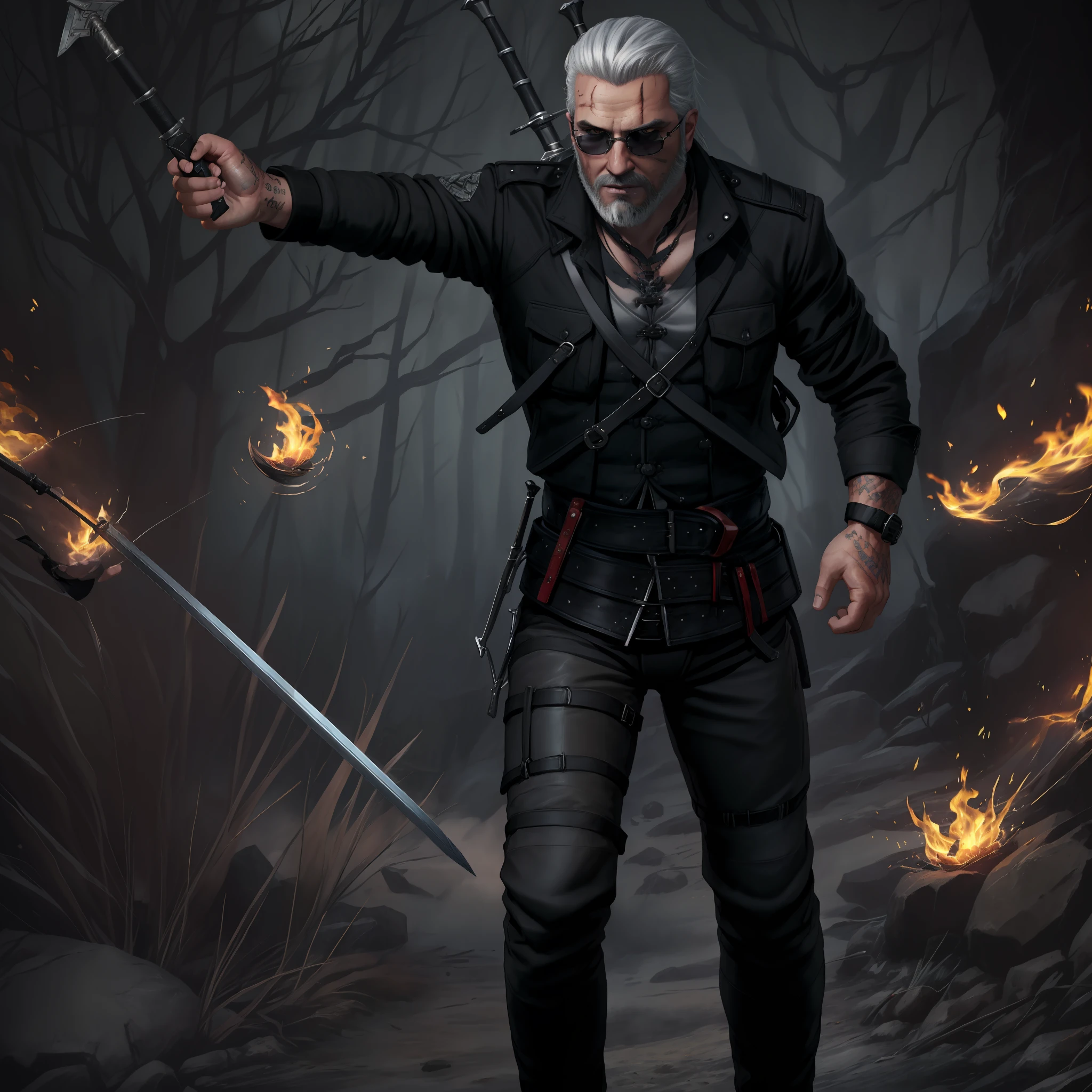 (masterpiece, top quality, best quality, detailed:1.2),geraldoW3, solo, looking at viewer, holding, weapon, grey hair, sunglasses, facial hair, beard,shirt,(((open clothes, belt, pants, open jacket,gun, black shirt, tattoo, black pants))), sword, holding weapon, armor, facial hair, scar, holding sword, fire, sheath, beard, scar on face, breastplate, fighting stance, scar across eye, magic, embers,