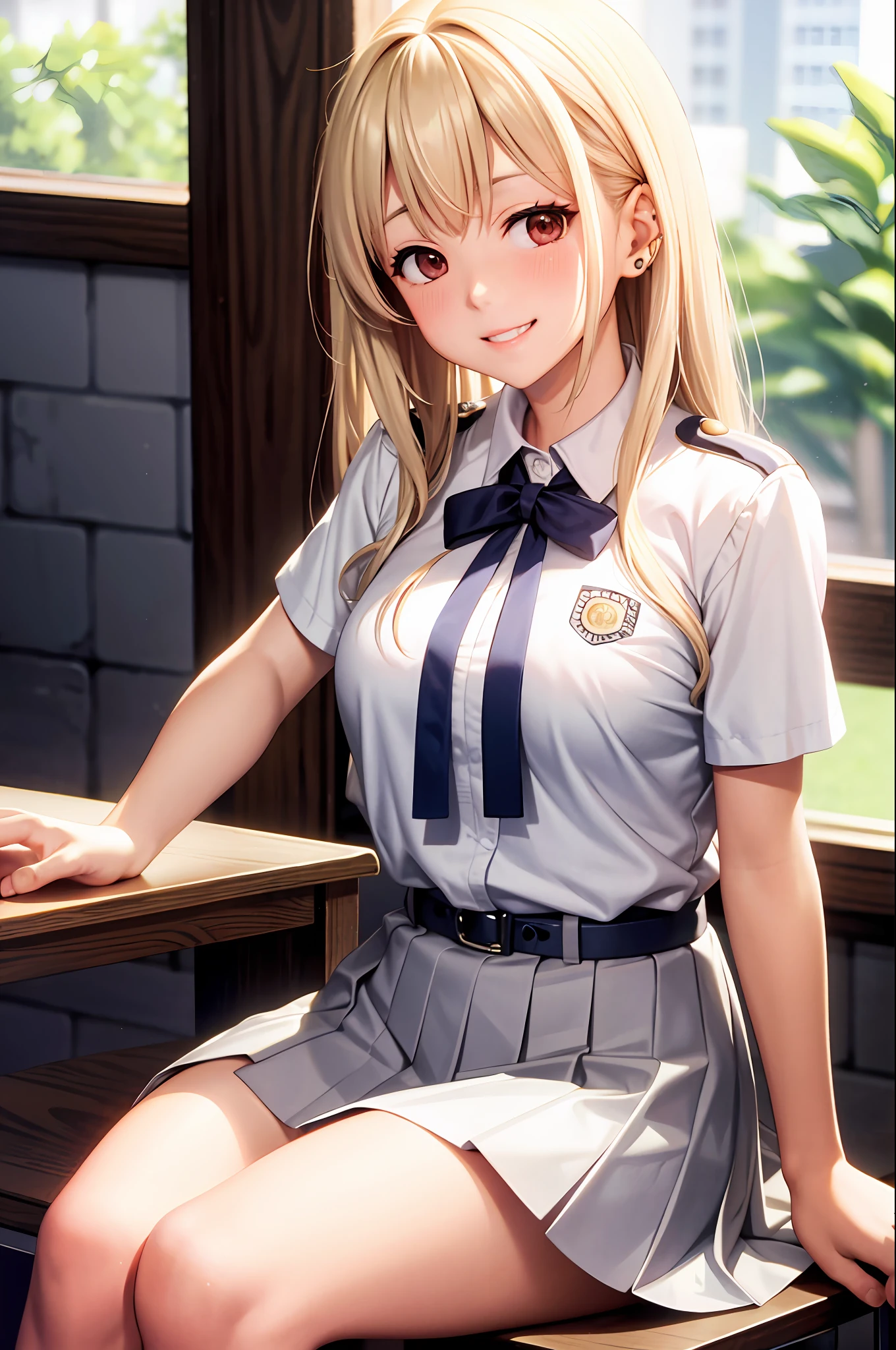 Takina inoue, masterpiece, best quality, 1 girls, solo, blonde long hair, alternate costume, white shirt, , pleated skirt, breast out, blush, shy, sexy pose, smile, indoor, classroom, chair, desk, window, sitting, hands behind,  ((white shirt)), red eyes, open mouth, face, piercings, gal girl, gyaru,