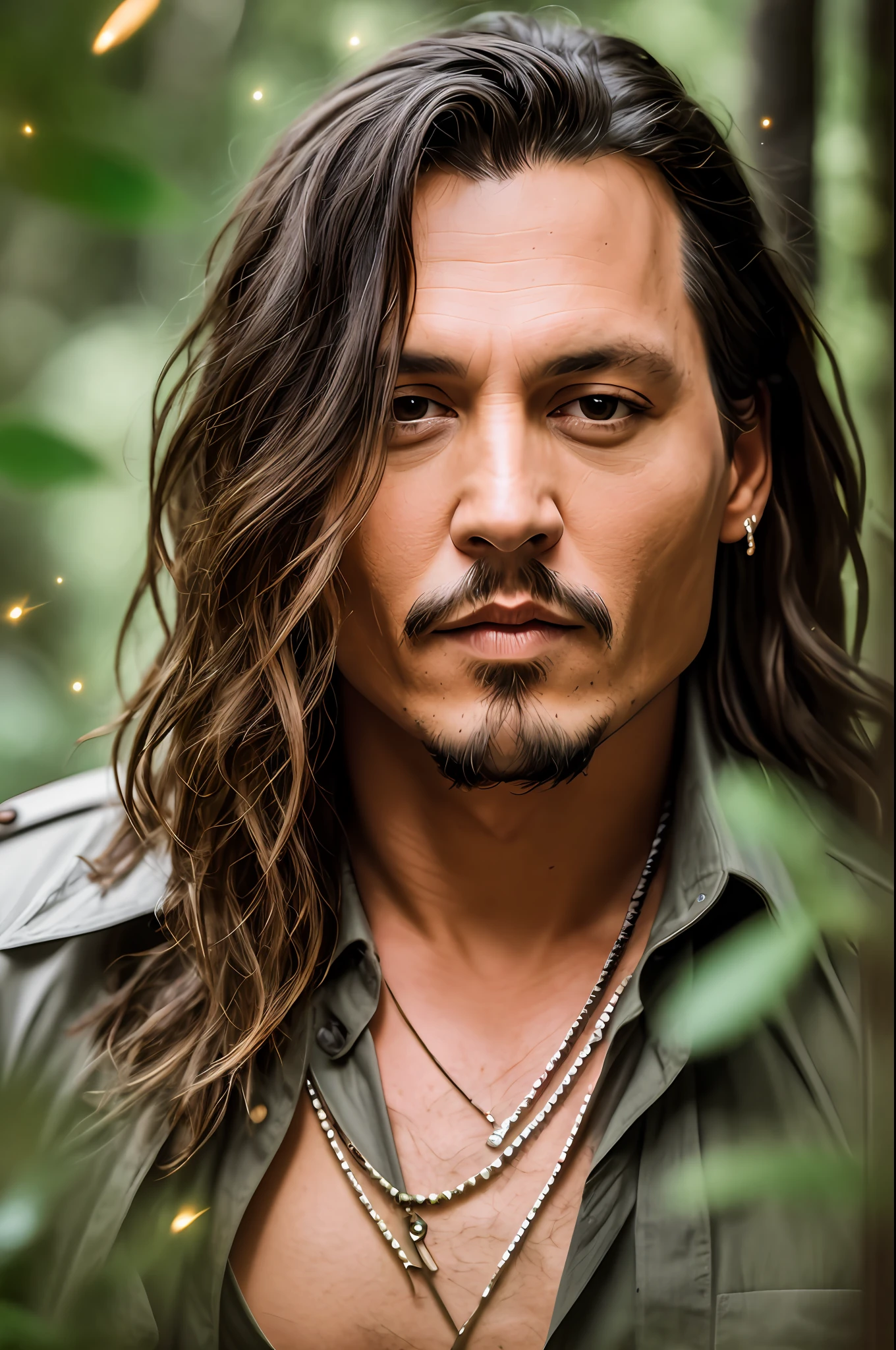 masterpiece, johnny depp walking through the jungle (night among fireflies), (high detail:1 1), rough face, natural skin, high quality, nsfw, beautiful eyes, (detailed face and eyes), (face: 1 2), noise, extra, real photo, PSD, lamp film photography, sharp focus, contrast lighting, detailed skin, high resolution 8k, crazy detail, realistic, professional photography, 8k UHD, SLR camera, soft lighting, high quality, film grain, Fujifilm XT3