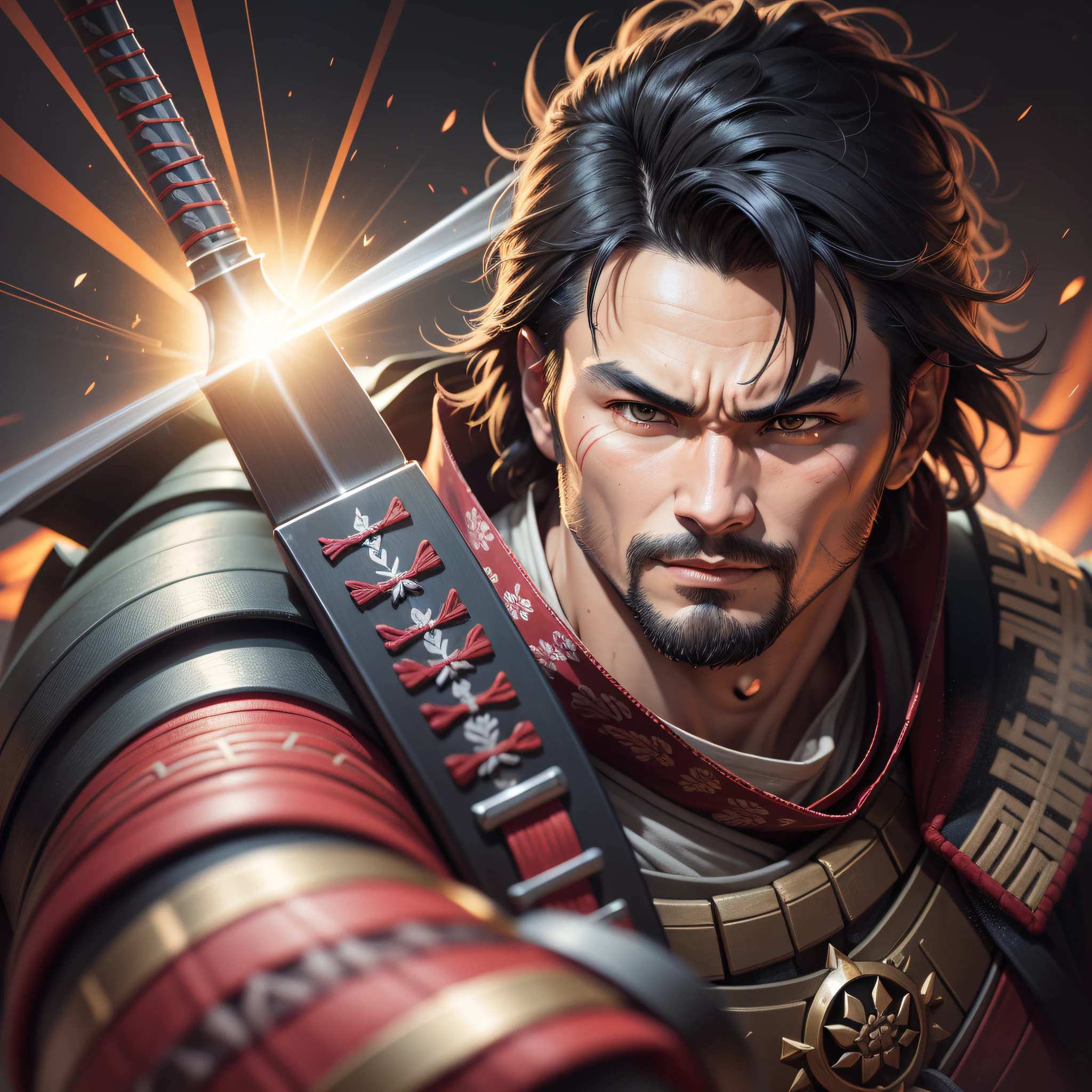 blad, samurai man, big, and holds a katana, he lacks one arm, wears samurai armor, with a red and gold, cloak over the armor, black hair, light smile, high detail, motion blur, chromatic aberration, glowing light, god rays, ray tracing, reflection light, backlighting, bloom, close-up, Eye-Level Shot, Sony FE, Sony FE GM, UHD, 16k, high quality, super detail, high details