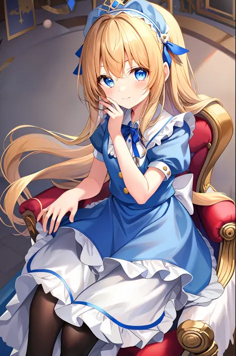 1girl, solo, long hair, blue eyes, blonde hair, crown, sitting, pantyhose, dress, bow, card, apron, hairband, playing card, look...