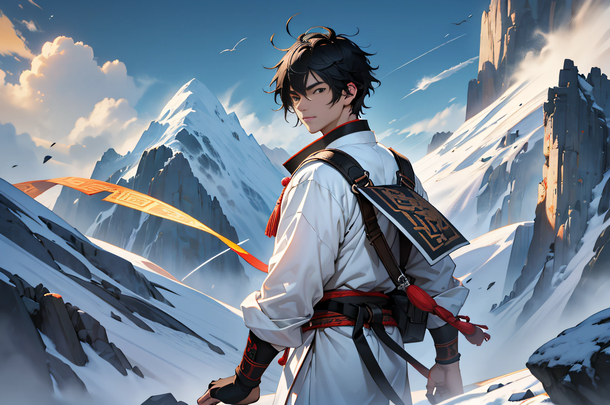 Anime boy with a backpack and a sword in the mountains - SeaArt AI