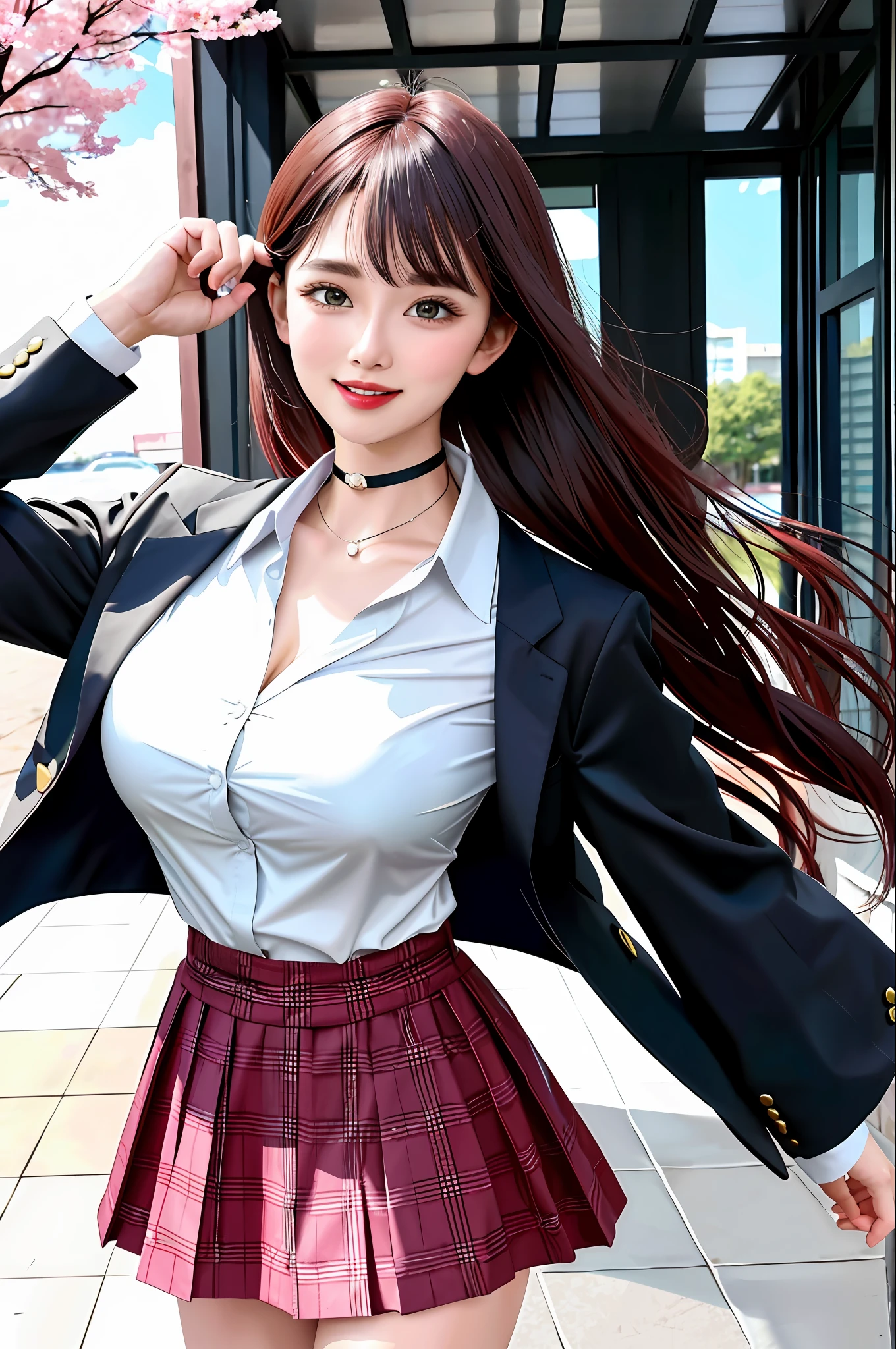 masterpiece, best quality, full body, 1girl, bangs, black choker, black necktie, black hair, blue skirt, blush, bracelet, breasts, choker, clothes around waist, collarbone, collared shirt, cowboy shot, dress shirt, ear piercing, eyebrows visible through hair, gradient hair, grin, gyaru, jewelry, kogal, long hair, looking at viewer, loose necktie, necktie, piercing, plaid, plaid skirt, pleated skirt, red eyes, ring, school uniform, shirt, skirt, smile, solo, white shirt, street, sky, cherry blossoms, petals,illustration, (magazine:1.3), (cover-style:1.3), fashionable, woman, vibrant, outfit, posing, front, colorful, dynamic, background, elements, confident, expression, holding, statement, accessory, majestic, coiled, around, touch, scene, text, cover, bold, attention-grabbing, title, stylish, font, catchy, headline, larger, striking, modern, trendy, focus, fashion,