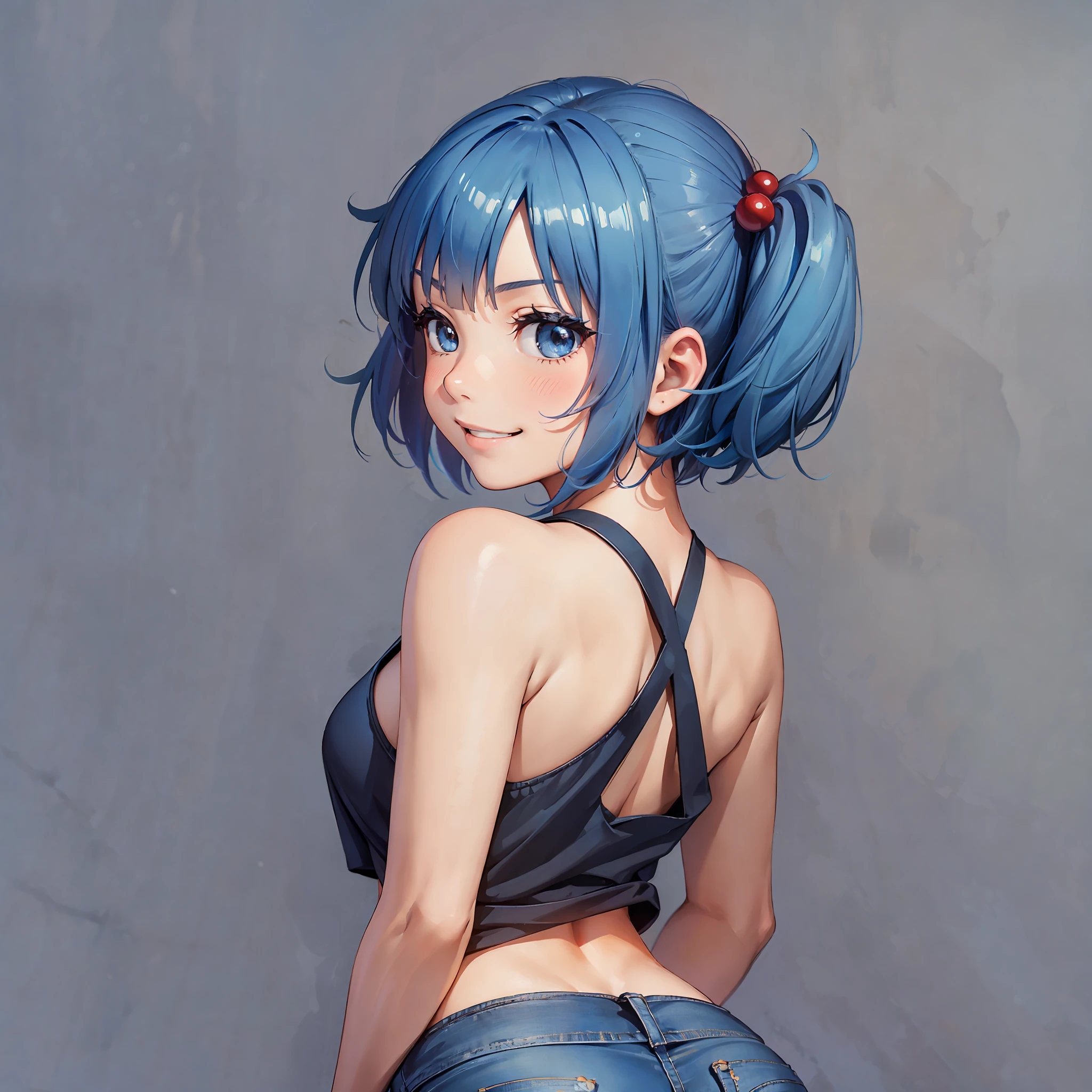 (masterpiece, best quality:1.2), (simple background: 1.5), (simplistic background), cowboy shot, ((solo)), 1girl, kawashiro nitori, smile, looking at viewer, two side up, blue hair, (short hair), (short twintails), hair bobbles, hair ornament, (black tank top), (denim shorts), tight shorts, looking at viewer, smirk, from behind, butt, wide hips, butt, large butt, huge ass, large behind, large rear, suggestive