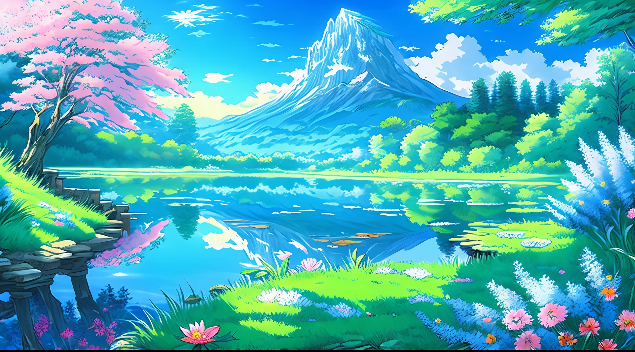(beste Qualität),(Meisterwerk),(Extrem detailliert),(4K-Auflösung),(extrem detailliert) (detailliertes Anime-Szenerie-Hintergrundbild mit wunderschönen Farben und Beleuchtung), ruhig und traumhaft, lebendige Landschaft mit hoch aufragenden Bergen, kaskadierende Wasserfälle, üppige Wälder, und leuchtende Blumen, Ein ruhiger Teich, in dem sich der klare blaue Himmel und die flauschigen Wolken spiegeln, die sanfte Brise trägt den süßen Duft blühender Blumen.