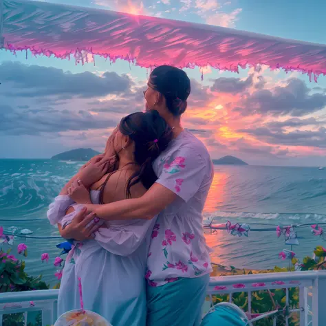 there is a man and woman hugging on a balcony overlooking the beach, paradise in the background, tyler edlin and natasha tan, profile image, vacation photo, the ocean in the background, with mountains in the background, by Sam Dillemans, 🤬 🤮 💕 🎀, during su...