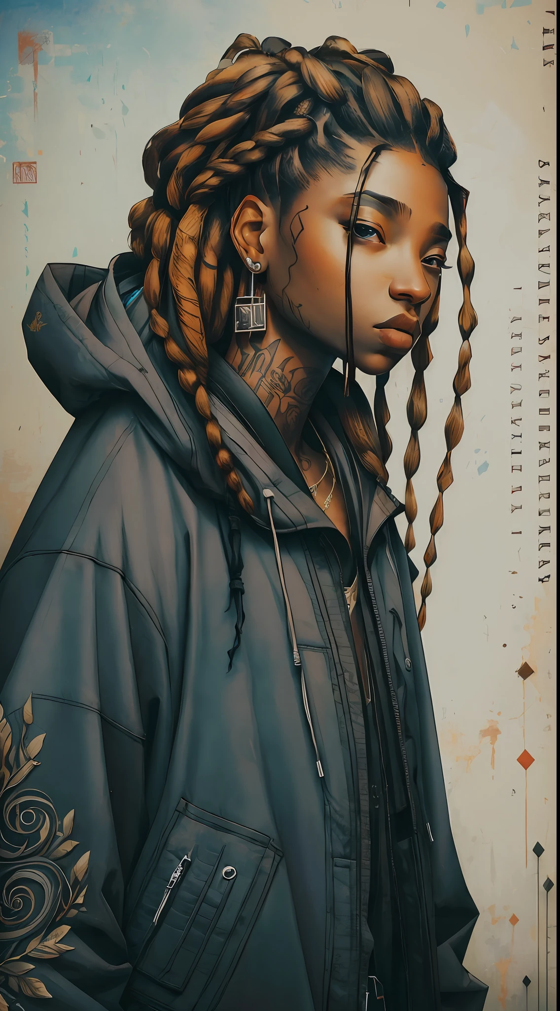 ankymoore, 1rapper with dread hair with tattoos, techwear clothes, graffitti background, (masterpiece), (best quality:1.2), absurdres, intricate details, upper body