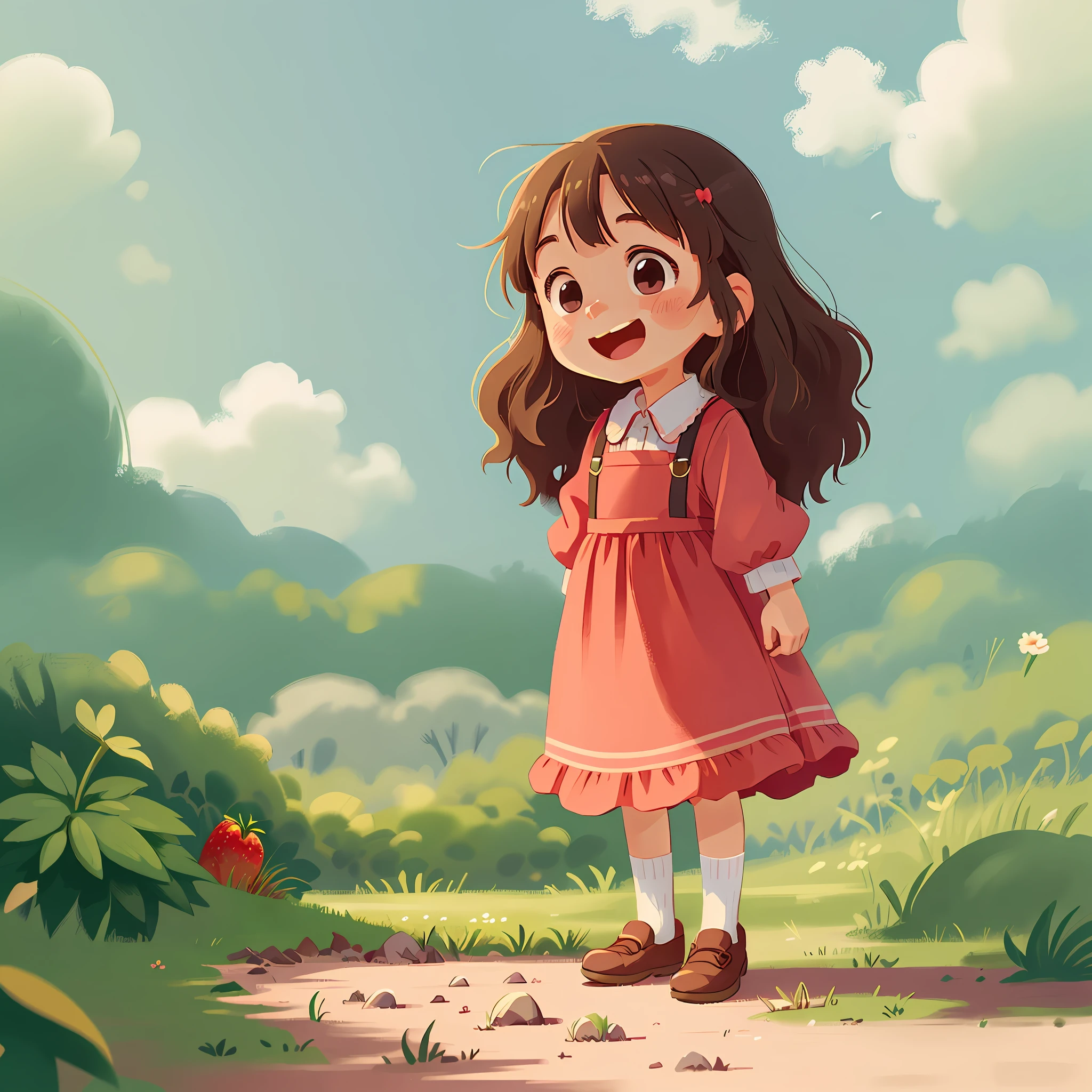 Glückliches Mädchen. Bukolischer Stil. Damen Kinderbekleidung. glatte Farbe. einfache Kunst. Ghibli-Studiostil. Erdbeer-Charakterstil.