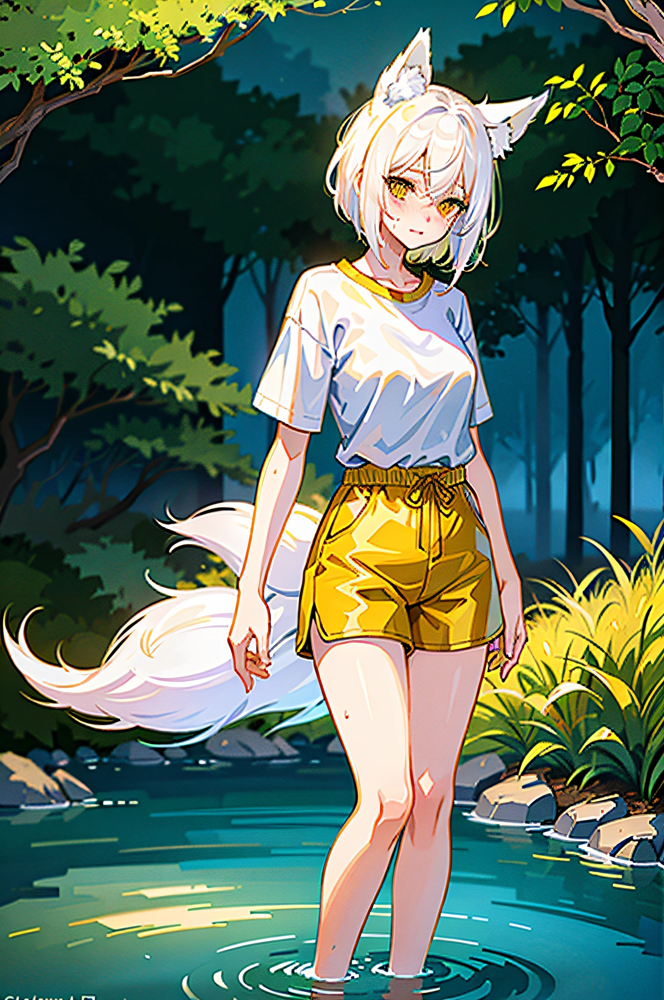 masterpiece, best quality, ultra-detailed, illustration, epic lighting, cinematic composition, 1girl, medium breasts, white hair, braided bangs, yellow eyes, fox ears, short hair, blushing, shy, wet t-shirt, shorts, standing in stream,