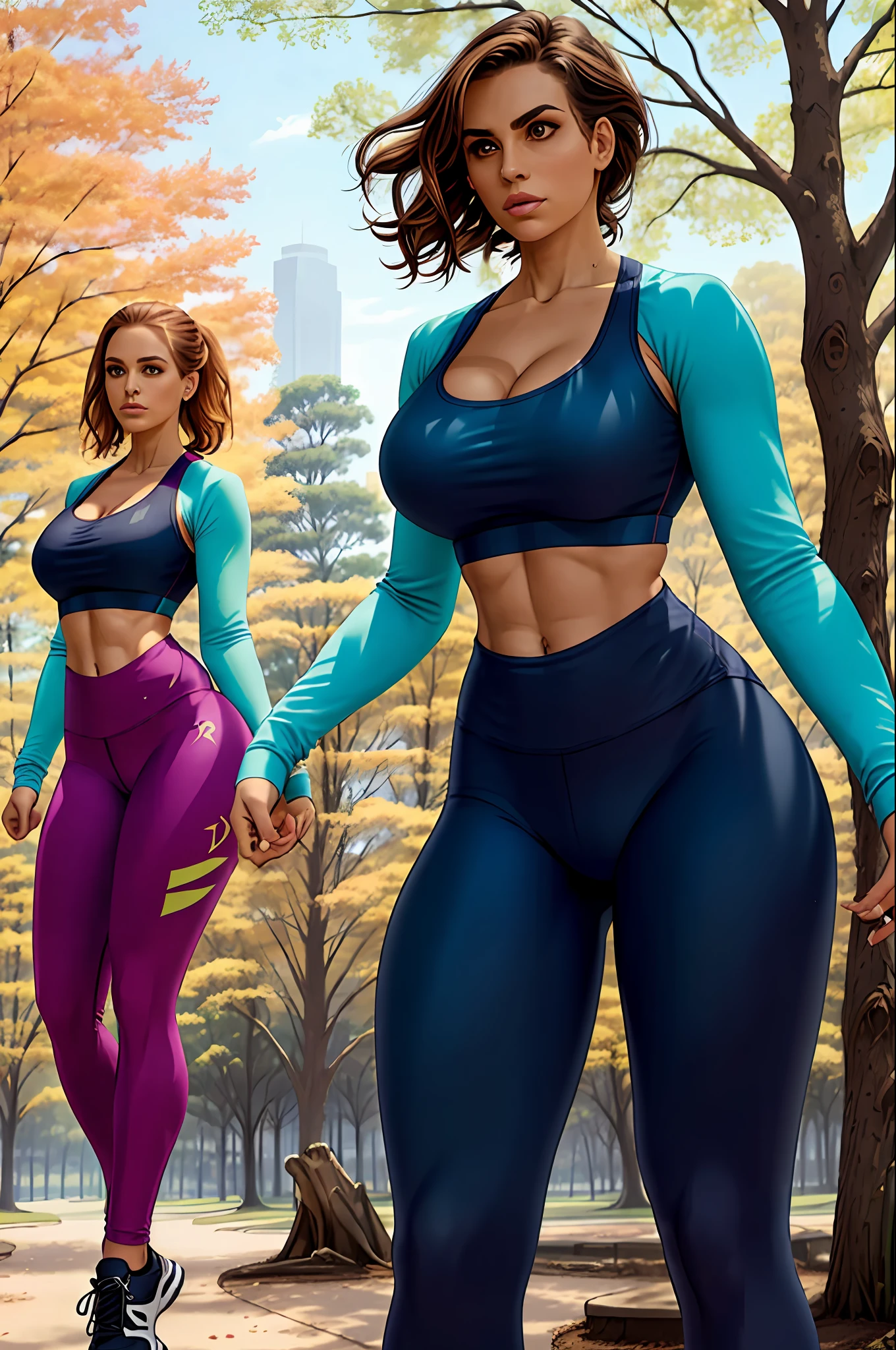 legging, cleavage, sports bra, detailed face, colorful clothing, park, sky, trees