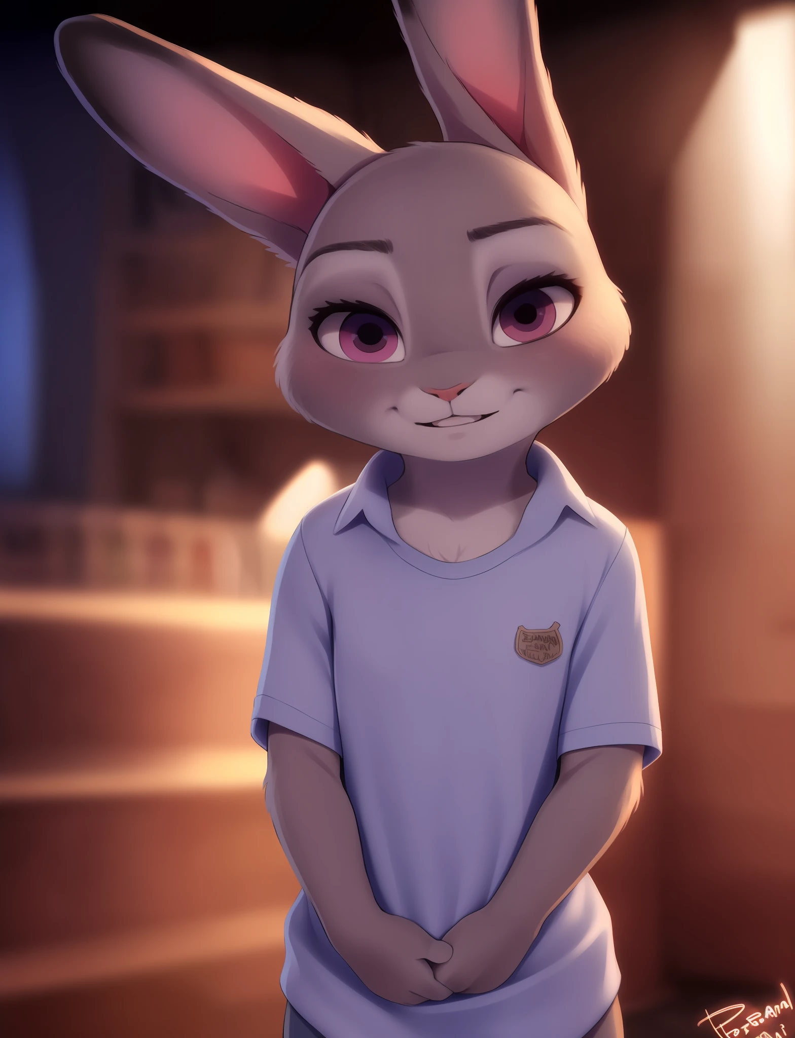 (uploaded on e621,8k, RAW photo,high resolution,high quality), ((masterpiece)), female, ((slim judy hopps)), (wear shirt and bottomless), (front view), (tail) (cinematic lighting), backlighting, (shaded), detailed background, by dagasi, (by personalami), [by Ruan Jia],, (Nick Wilde), photorealistic, hyperrealistic,