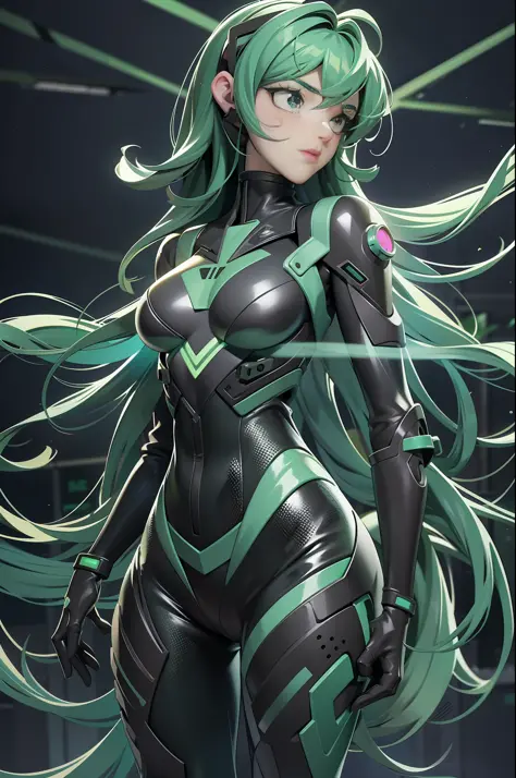 full body picture Unreal Engine 5 8K UHD of 2 beautiful women, forest green curly hair style, wearing Evangelion black plug suit...