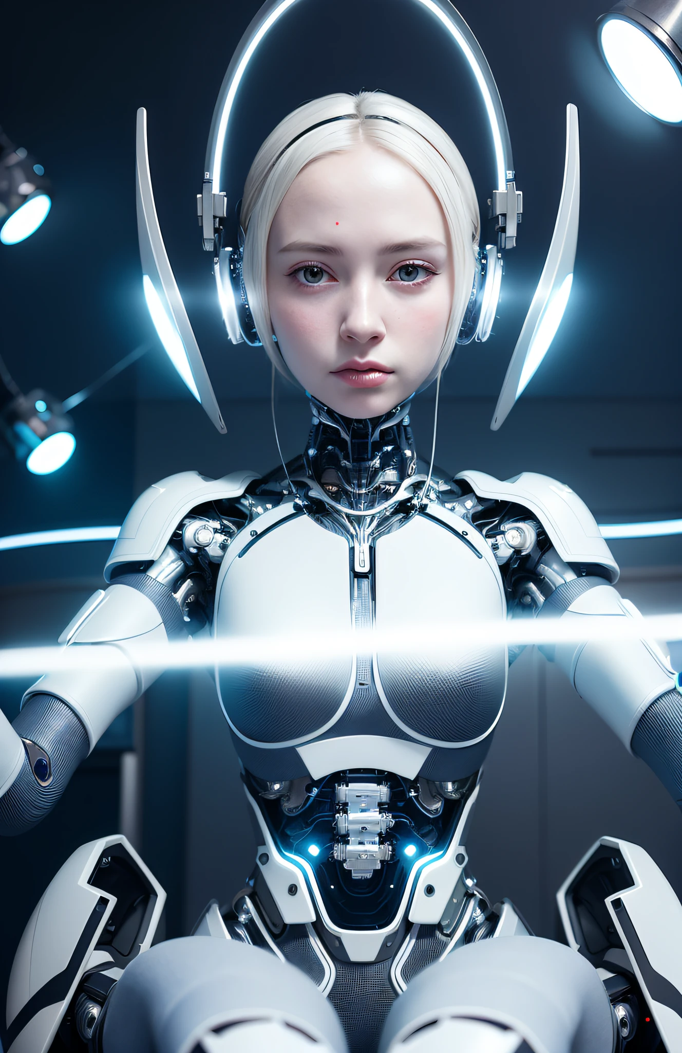 Complex 3d render ultra-detailed beautiful porcelain profile female android face, cyborg, robot parts, 150mm, beautiful studio soft lights, rim lights, vivid details, gorgeous cyberpunk, racing, surreal, anatomical , facial muscles, cable wires, microchip, elegant, beautiful background, octane rendering, HR Giger style, 8k, top quality, masterpiece, illustration, very delicate and beautiful, highly detailed, CG, uniform, wallpaper, ( Realistic, Photorealistic: 1.37), Awesome, Finely detailed, Masterpiece, Top quality, Official art, Highly detailed CG unity 8k wallpaper, Absurd, Incredibly absurd, Robot, Silver Halmet, Full body, Sitting