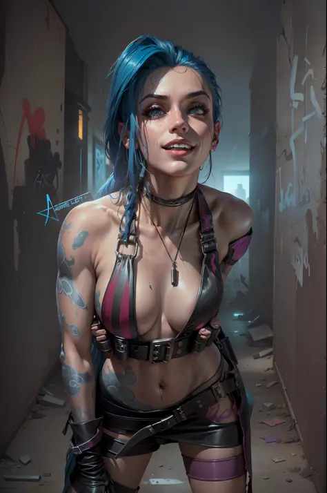 ((Best quality)), ((masterpiece)), (highly detailed:1.3), arcane style, comic style + hyper-realistic oil painting, full cinematic poster of Jinx from Acane in dynamic pose, Big smile. highly detailed, detailed face, realistic, Hot body, Nice boobs, NSFW. ...