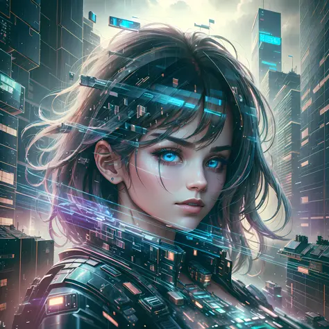 cyberpunk [nebulous cityscape in the distance: very pretty girl, city: 0.33] immersed in a giant stream of wind, living in a clo...