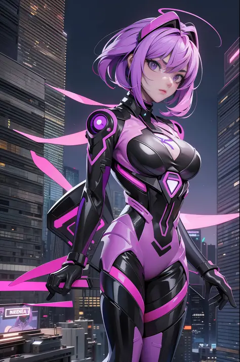 full body picture Unreal Engine 5 8K UHD of beautiful women, byzantine violet Bob hair style, wearing Evangelion black plug suit...