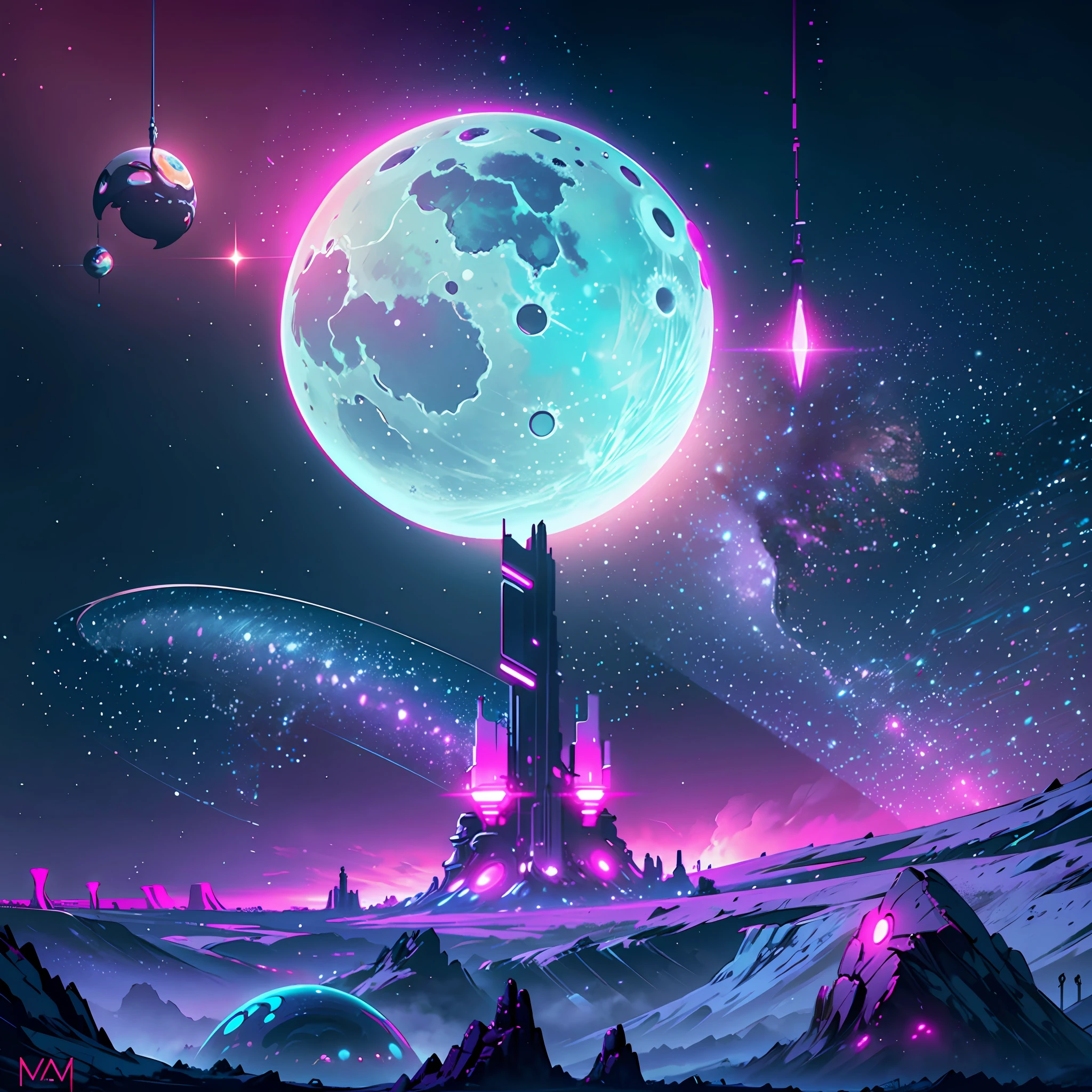 Futuristic Alien world, two moons, fark neon lights, artstation trend, bold colors. --auto --s2