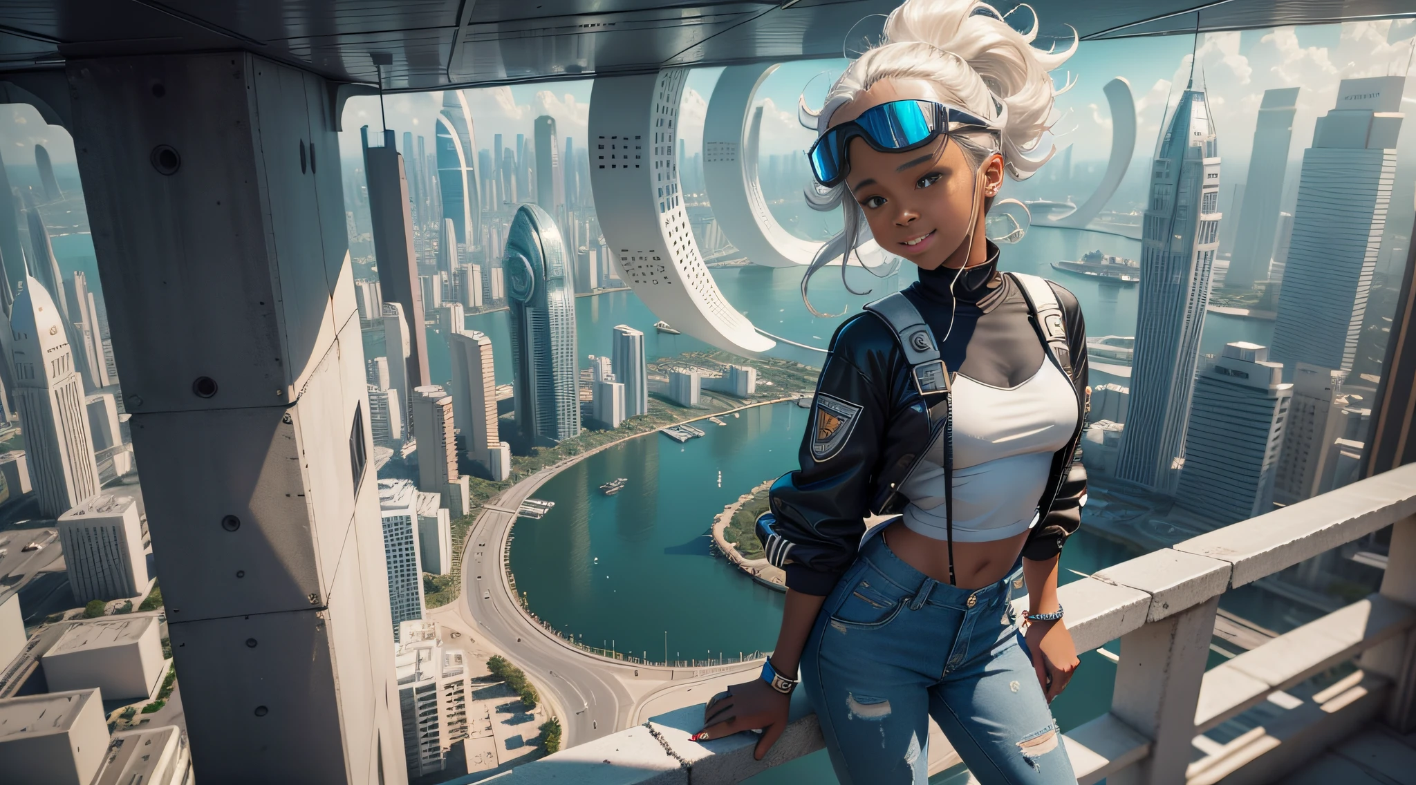 maximum quality, photorealism, 8k, film, high resolution, floating, no gravity, a black skin girl floating next to a white skin boy floating, children, 12 years old, smiling, with school clothes, jeans, white t-shirt, wearing VR glasses, 8k, full body, perfect hands, 5 fingers, intricate details, foreground, general plan, 8k, external,  floating, 8k, maximum quality, 8k, background below a futuristic city, winding buildings, metal, glass, concrete, dramatic light, view from above, general plan, medium depth of field, lomography, neon, maximum quality, beautiful, masterpiece, photorealism, 8k, realistic texture high resolution, film grain, film, cinematic