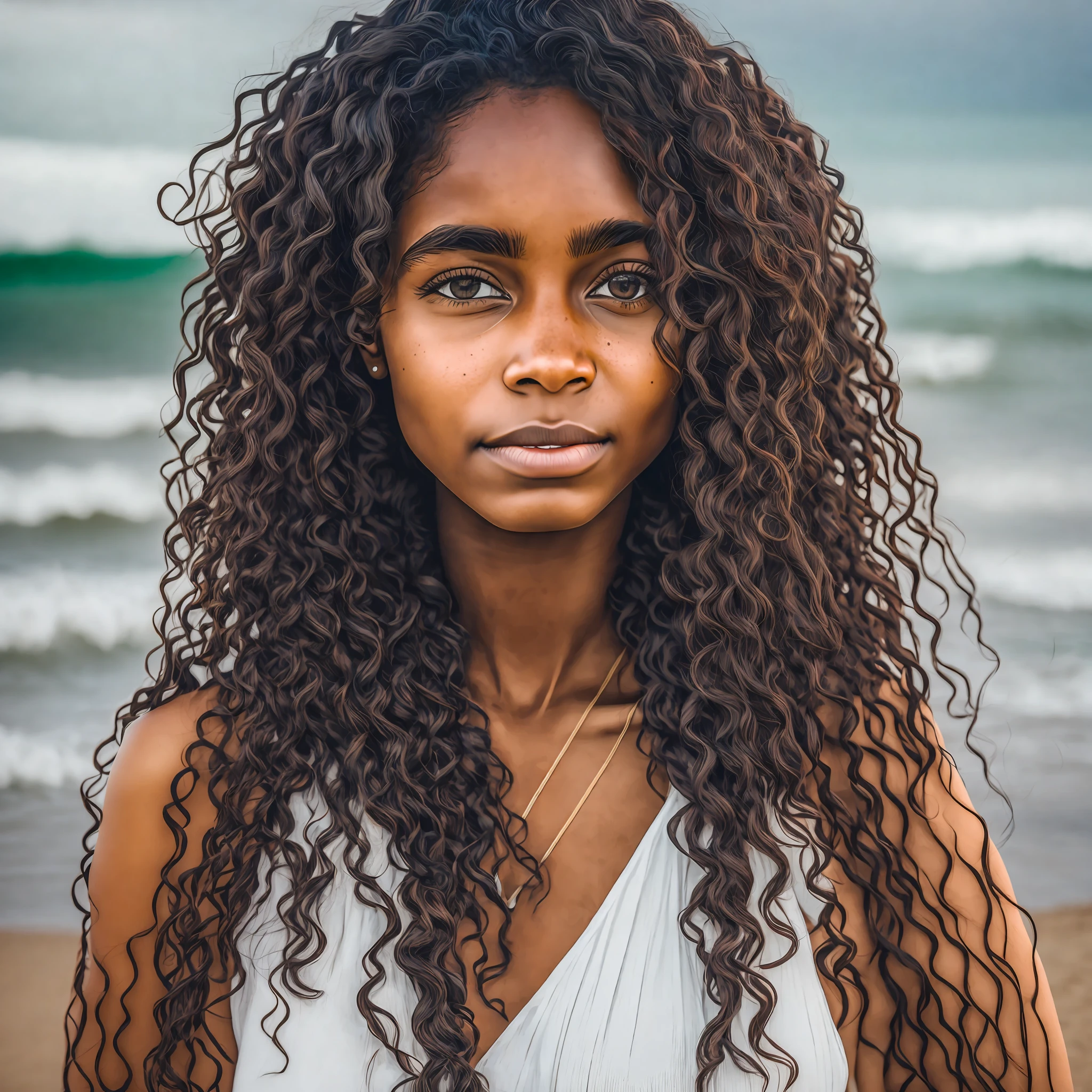 Um retrato de uma jovem morena com longos, cabelo cacheado na praia --auto --s2