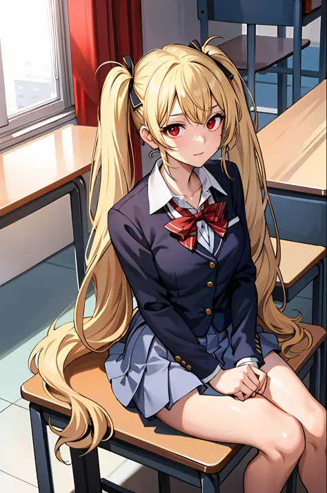 (masterpiece:1.2, best quality), 1lady, solo, school uniform, classroom, day, sit, blonde, twintails, red eyes, open collabone, ...