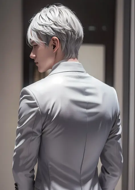 1 boy, silver-haired, white suit, 20s. Back. Rear view.