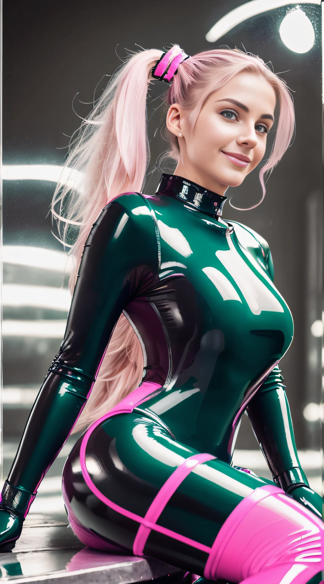 1 woman, sitting in a (latex catsuit:1.2) long (latex gloves:1.0) , Mountain , huge breasts, Ponytail blond hair, green eyes, slim waist, beautiful, (sharp light reflections on outfit:1.3), smooth skin, petite, (photorealistic:1.2), grin , sweaty, accessoires, from the side pin pink