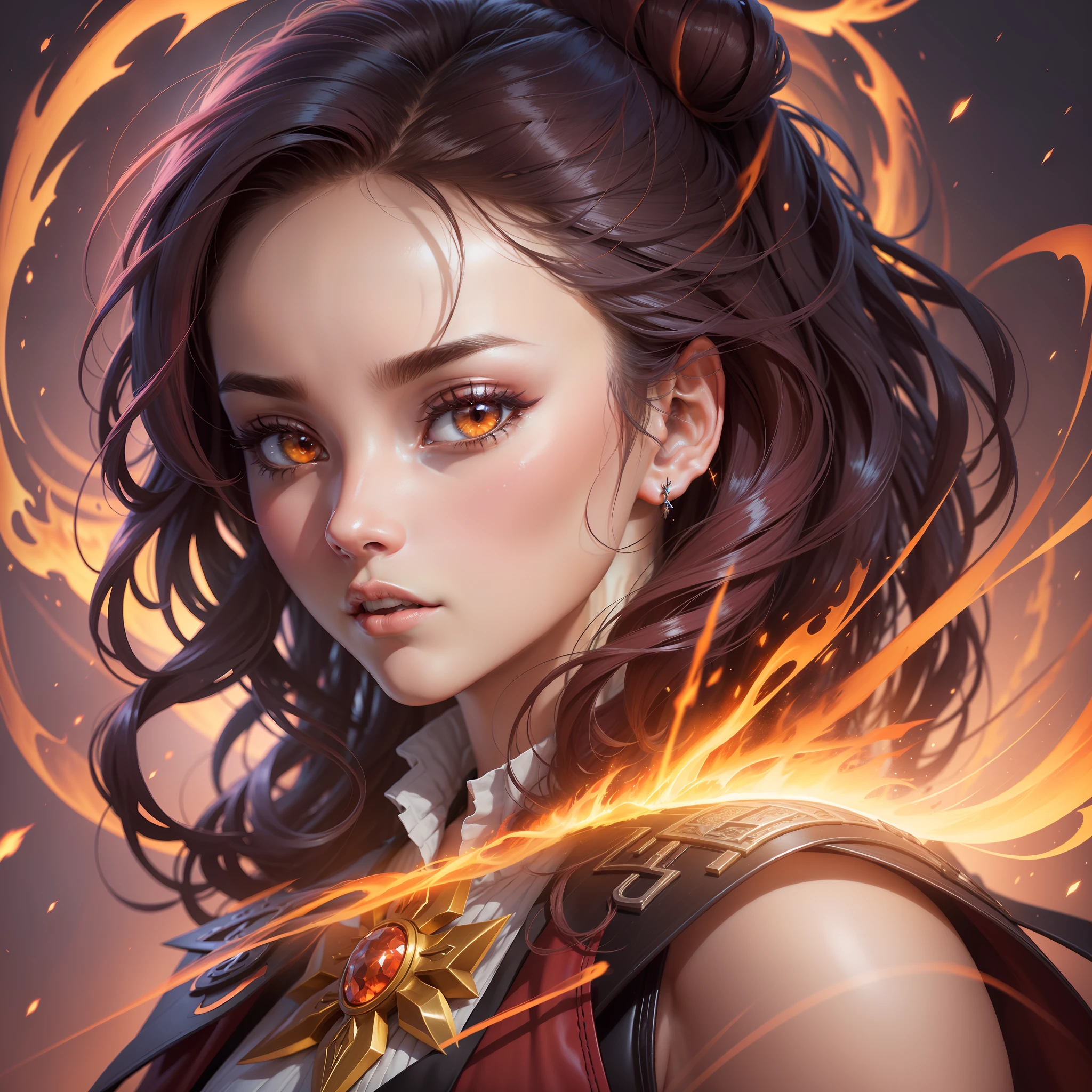 Generate a high-quality anime-style digital illustration depicting an elemental magician woman engulfed in red flames and yellow lightning. The scene should be extremely detailed, with golden tones and a sense of realistic depth of field. The lighting should be cinematic, with a soft backlight (backlighting: 1.2) that highlights the contours of the character. Add a subtle flowering effect (flowering: 1.2) that brings an ethereal appearance to the flames and lightning. Use bright light (1.1) to emphasize the magical elements. Add a slight chromatic aberration (chromatic aberration: 1.2) at the points of greatest intensity of the image to increase realism.

The magical woman should be portrayed with distinctive anime features, displaying striking facial details, expressive eyes, and an elaborate hair style. She should be dressed in a costume that matches the elemental theme, using shades of red and yellow to match the flames and lightning that surround her. The details of the costume should be sharp and well defined, featuring ornaments and textures that enhance its magical appearance.

The spatial background should be highly detailed, with bright stars and a sense of vastness. Soft, cinematic lighting should be applied, creating subtle shadows and accent areas to give depth to the scene. Add a soft blur effect to reinforce the sense of depth of field and highlight the main character. Apply a slight backlight (backlighting: 1.2) from space to highlight the silhouette of the magician.

The generated image must present exceptional resolution and sharpness, with a high level of detail in all elements. The contrast should be adjusted to highlight the vibrant colors of the fire and lightning. Make sure the lighting is meticulously rendered, creating precise shadows and reflections, to achieve a hyper-realistic effect.

Use the automatic mode (auto) to adjust the parameters of the ge