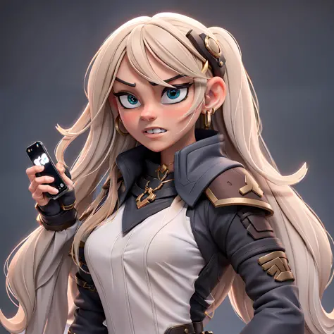 Female character holding an iPhone ]