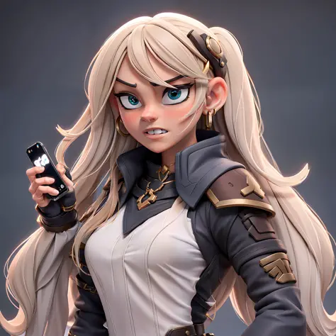 female character holding an iphone ]