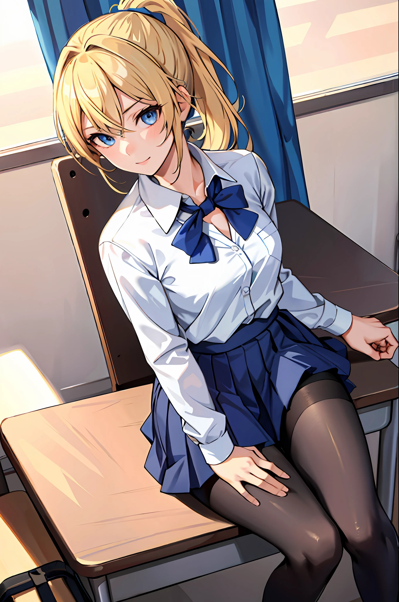 (Masterpiece: 1.2, Best Quality), 1 Lady, Solo, School Uniform, Classroom, Day, Sitting, Blonde, Ponytail, Blue Eyes, Open Collabora Bone, Gal, Open Chest, Tights