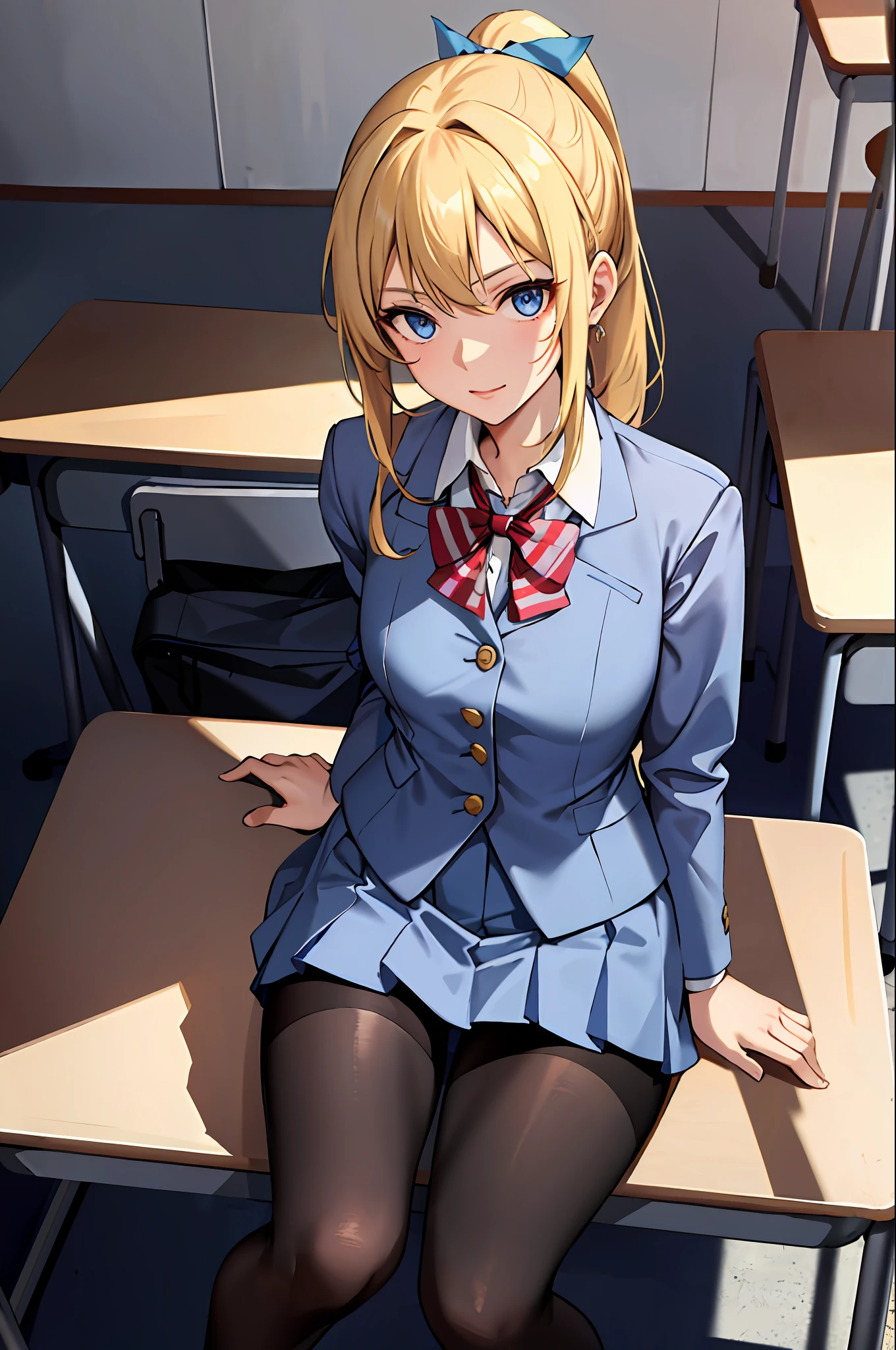 (Masterpiece: 1.2, Best Quality), 1 Lady, Solo, School Uniform, Classroom, Day, Sitting, Blonde, Ponytail, Blue Eyes, Open Collabora Bone, Gal, Open Chest, Tights