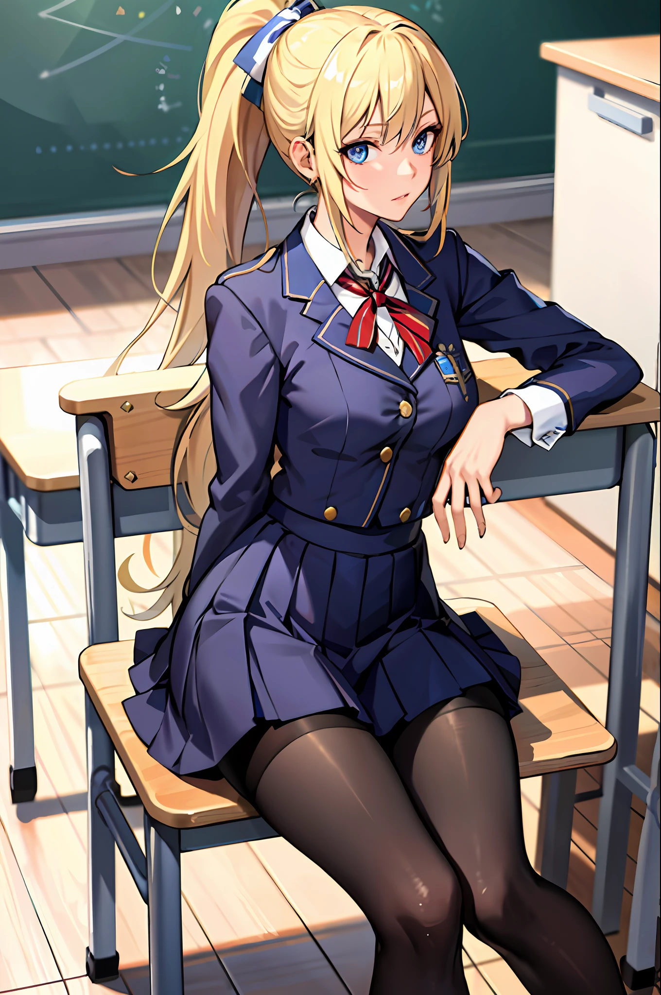 (Masterpiece: 1.2, Best Quality), 1 Lady, Solo, School Uniform, Classroom, Day, Sitting, Blonde, Ponytail, Blue Eyes, Open Collabora Bone, Gal, Open Chest, Tights