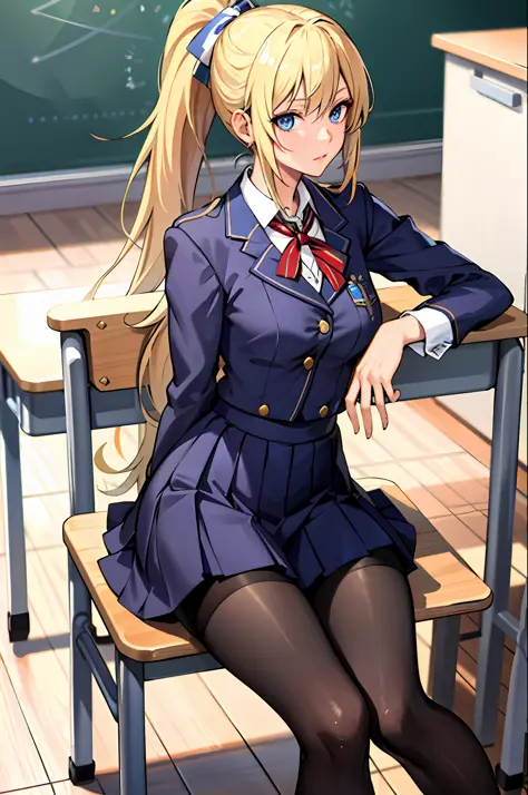 (Masterpiece: 1.2, Best Quality), 1 Lady, Solo, School Uniform, Classroom, Day, Sitting, Blonde, Ponytail, Blue Eyes, Open Colla...