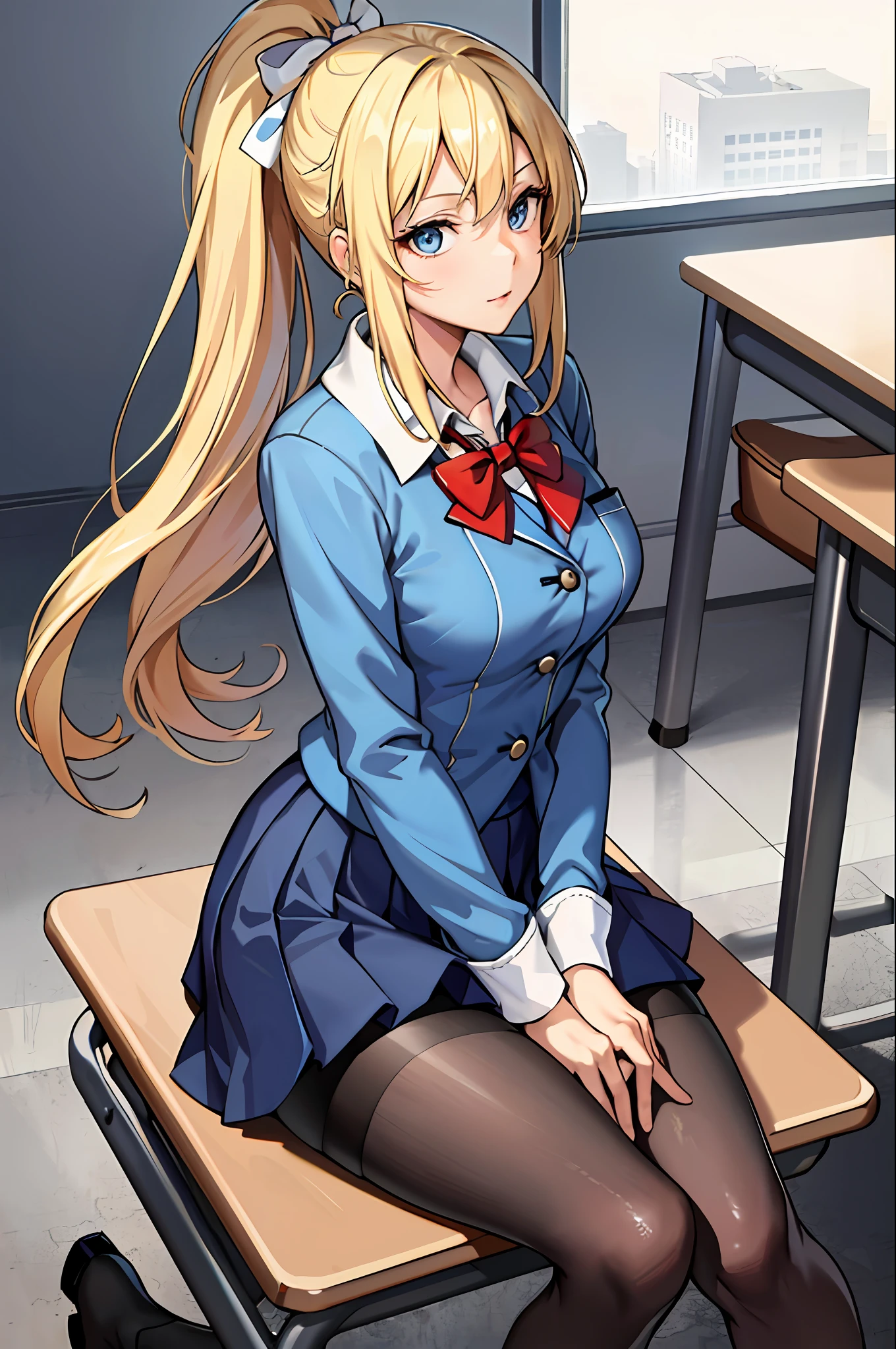 (Masterpiece: 1.2, Best Quality), 1 Lady, Solo, School Uniform, Classroom, Day, Sitting, Blonde, Ponytail, Blue Eyes, Open Collabora Bone, Gal, Open Chest, Tights