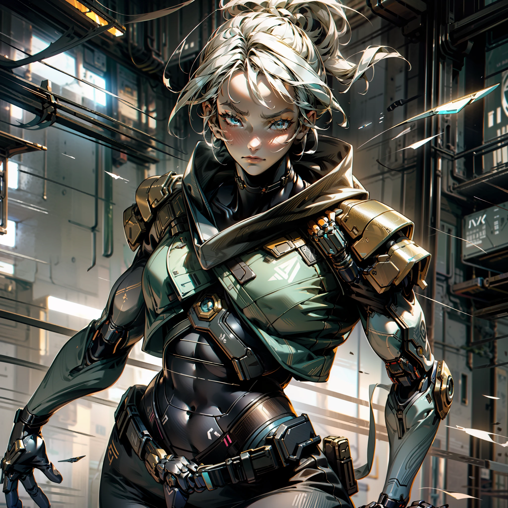 1girl, (muscular: 0.9), (large breasts:1), (medium breasts: 0.25), looking at the viewer, beautiful face (full face blush:0.75), Jett, Valorant, cyberpunk, masterpiece, best qualified, high quality, (futuristic), film lighting, (exquisite futuristic), beautiful and beautiful, super detailed, great composition, floating, depth of field, (very detailed CG, 8k unit wallpaper), (beautifully detailed background),  dramatic lighting, daggers flying around her, anatomically perfect, perfect fingers, perfect abs, perfect musculature, cyberpunk arm, perfect fingers, perfect anatomy